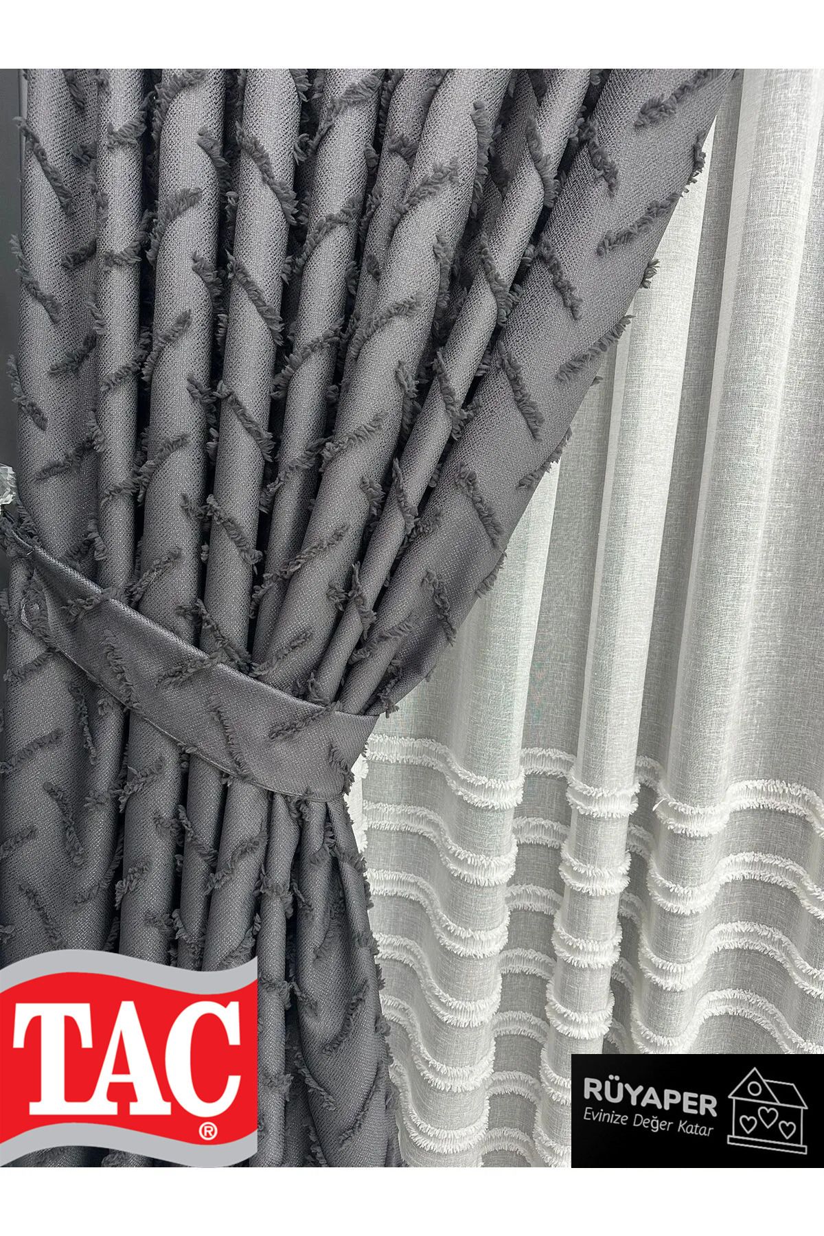 Taç-Dreamper Anthracite Background Curtain Linen 1St Quality Brochol Gift (Single Wing) 5