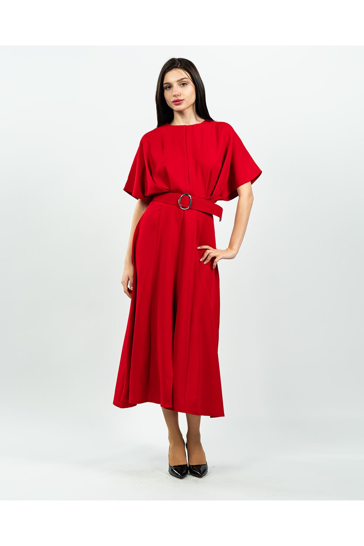 maf collection-Women's Red Atlas Fabric Belt Detailed Midi Evening Dress 3