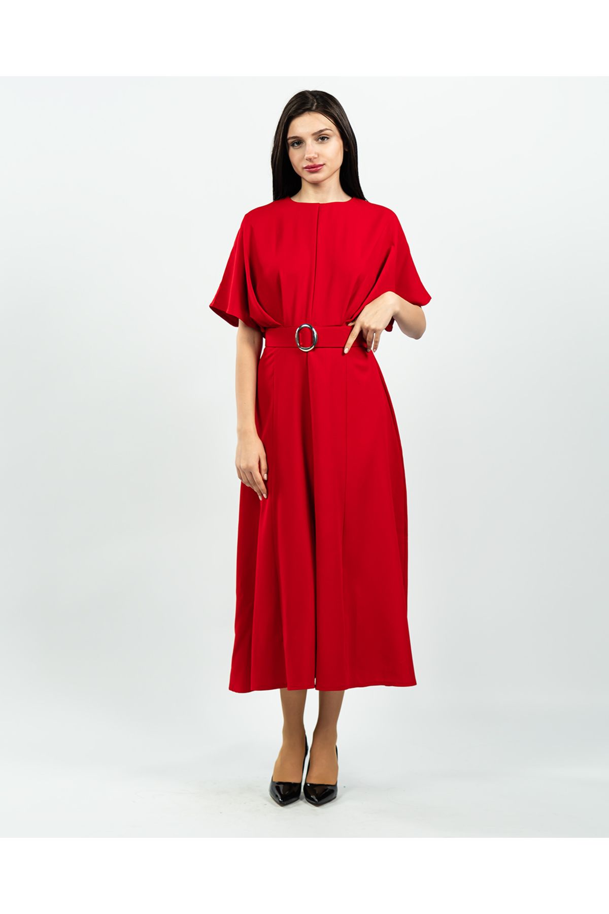 maf collection-Women's Red Atlas Fabric Belt Detailed Midi Evening Dress 1