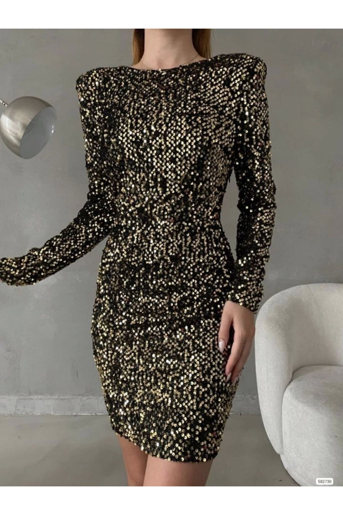 Mode Cool-Women's Long Sleeve Wadded Detail Full Sequin Sequin Mini Dress 1