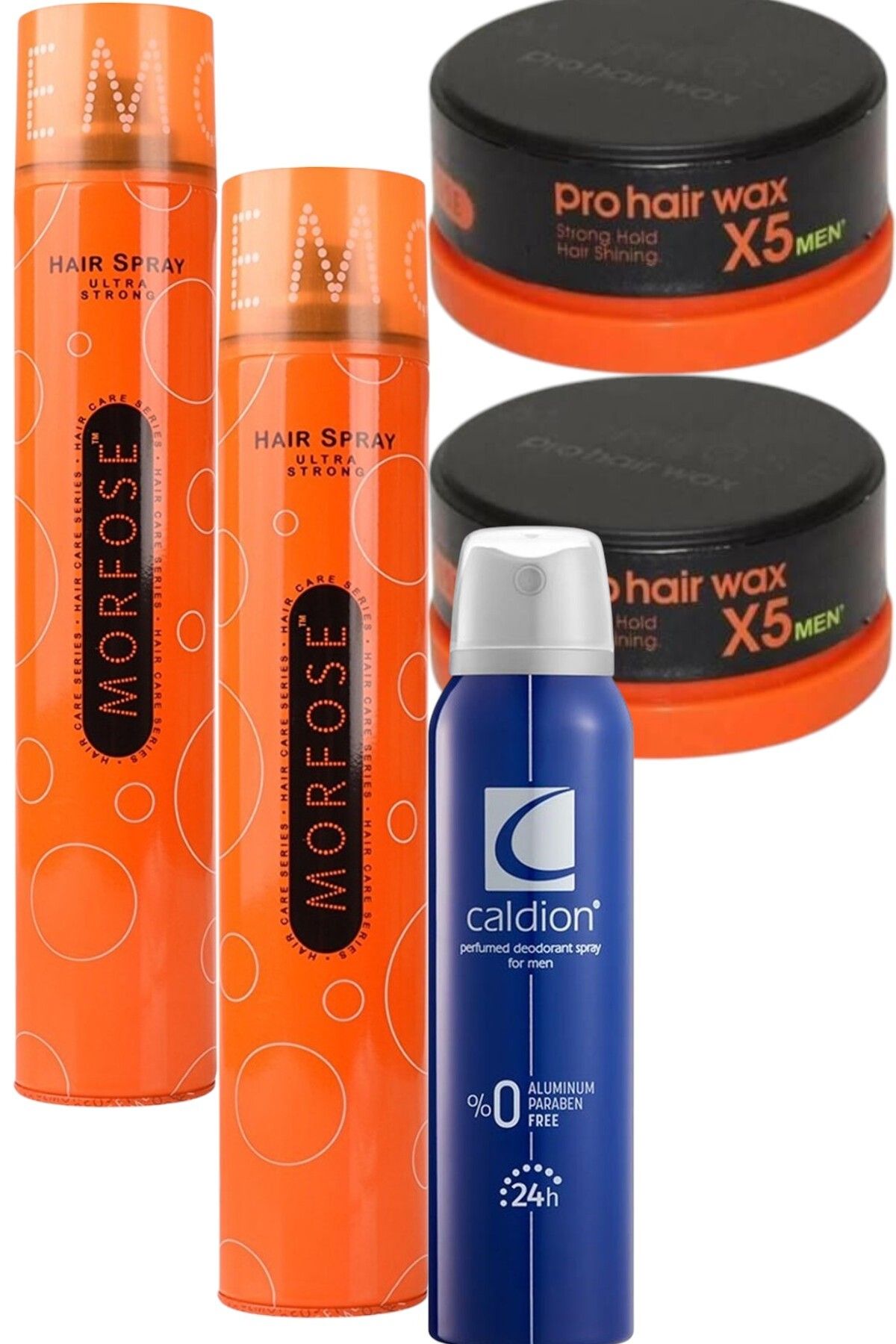 Morfose Saç Spreyi Ultra Strong Turuncu 400 ml 2 Adet + Wax 150ml 2 Adet+ Caldion Deodorant Erkek 150ml yeni