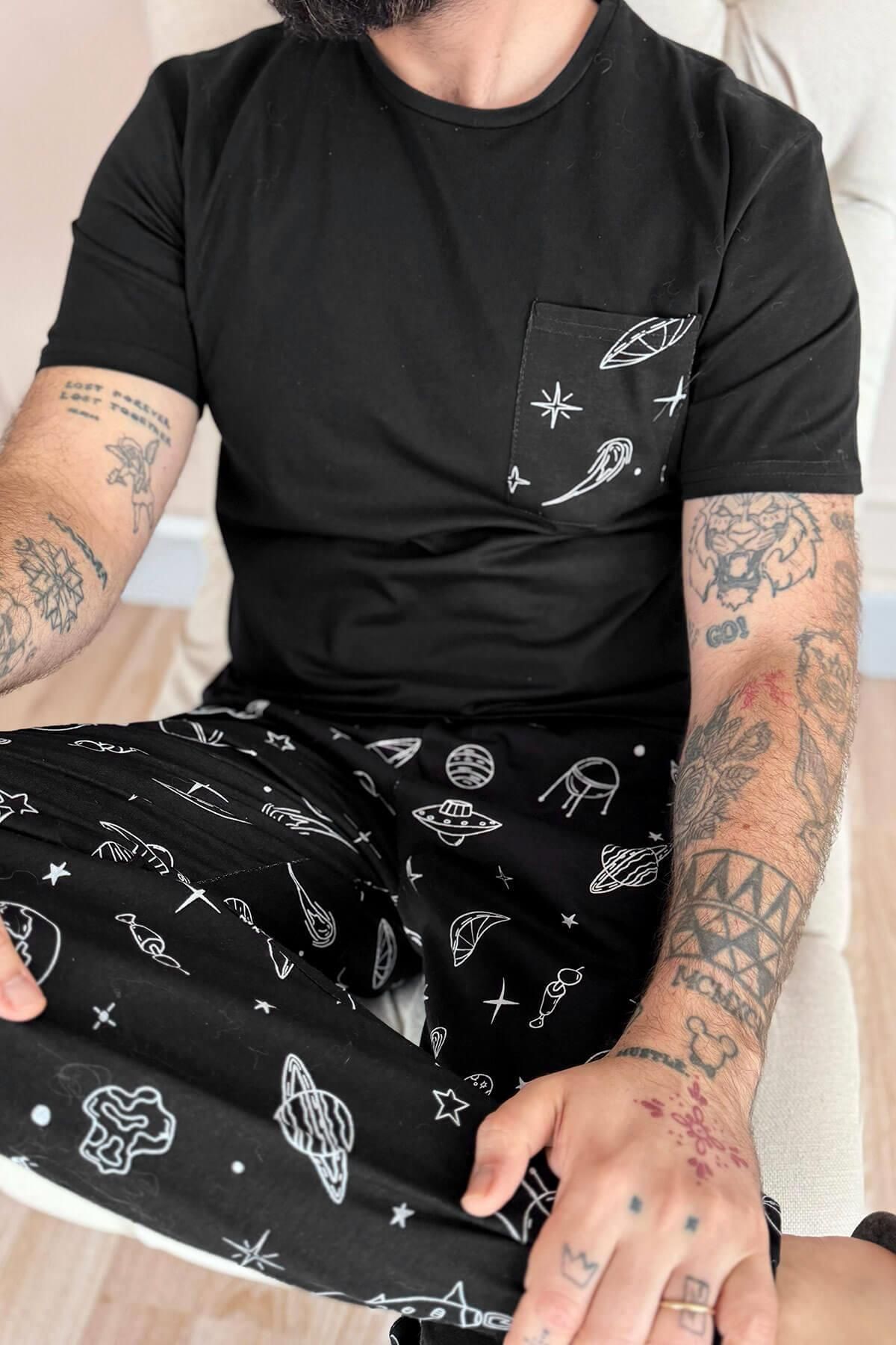 Pijamaevi-Black Space Pattern Pocket Detailed Short Sleeve Men's Pajama Set 6