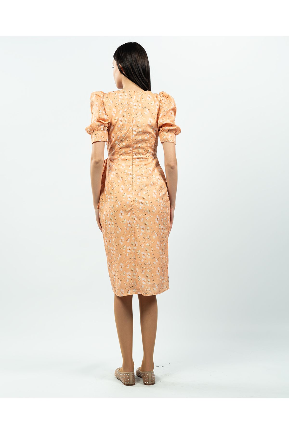 maf collection-Women's Orange Floral Print Dress with Ribbon Detail 5