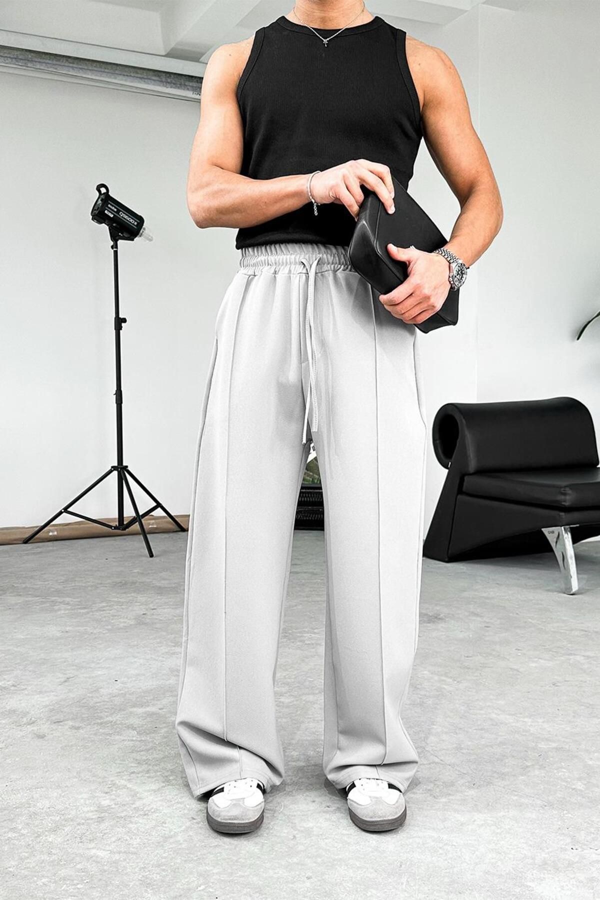 HAFKAGİYİM Pantaloni Largi Din Țesătură Cu Talie Elastică, Gri Masculin - L/XL