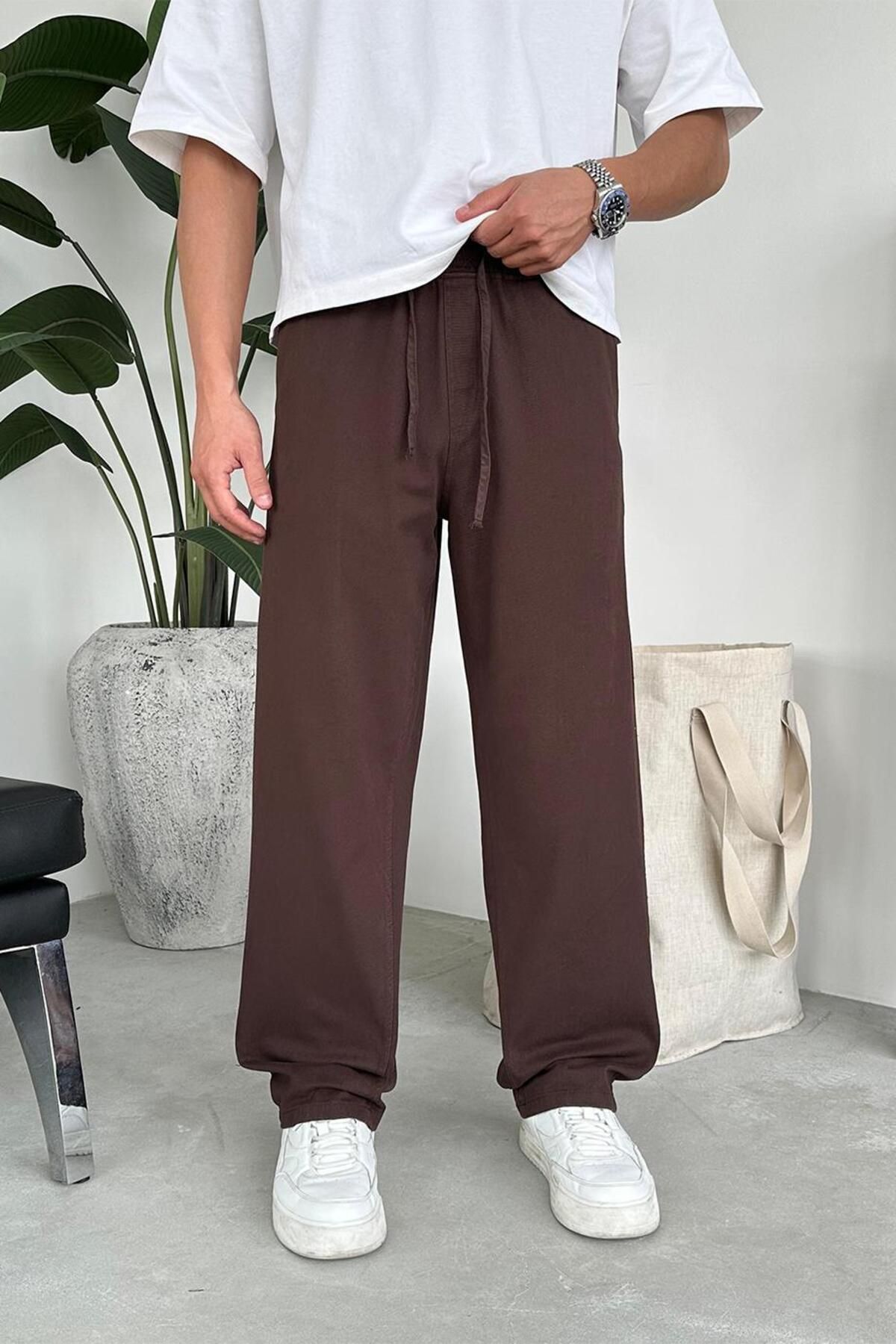 HAFKAGİYİM-Brown Basic Gabardine Elastic Waist Trousers 1