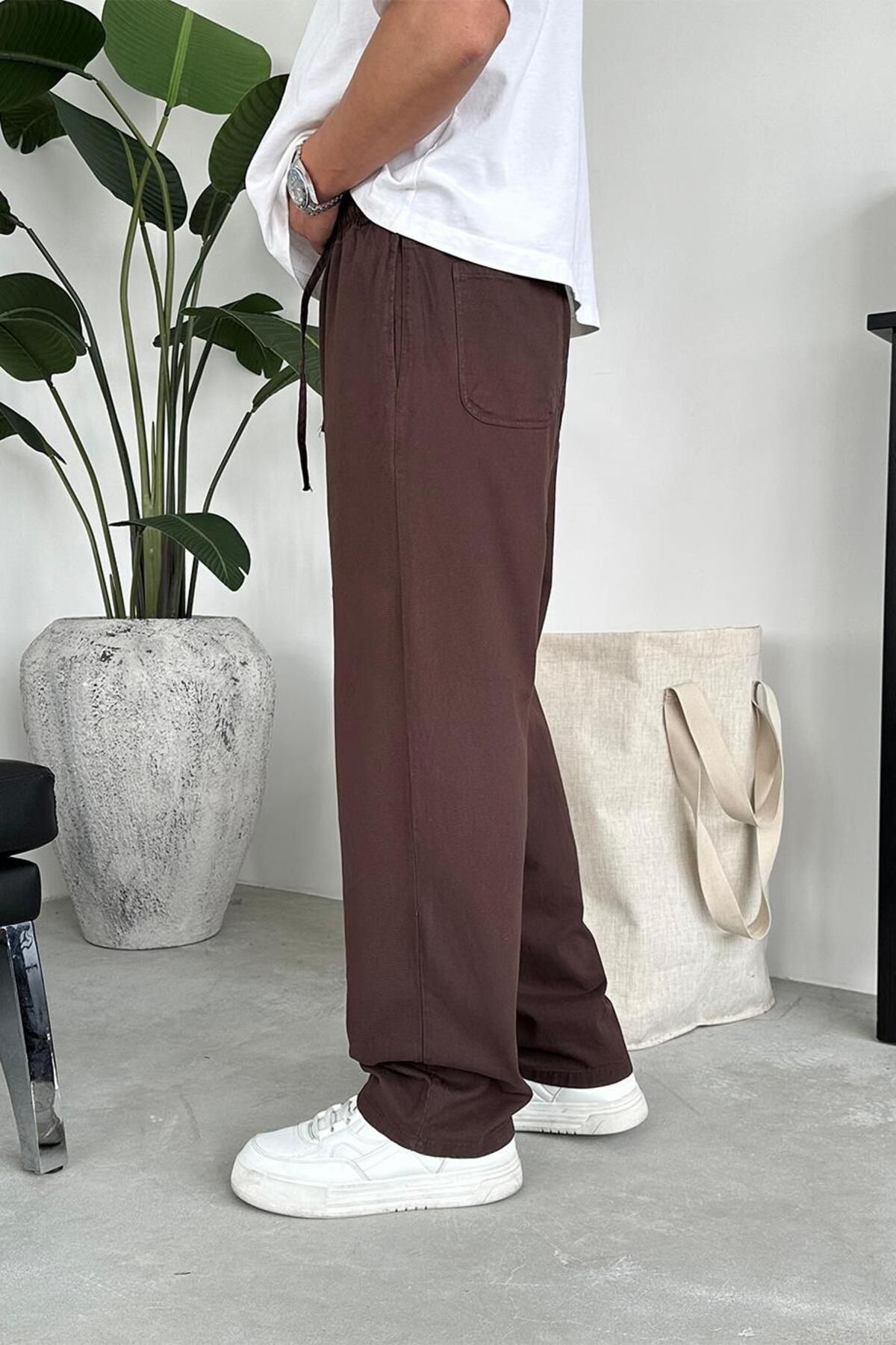 HAFKAGİYİM-Brown Basic Gabardine Elastic Waist Trousers 2