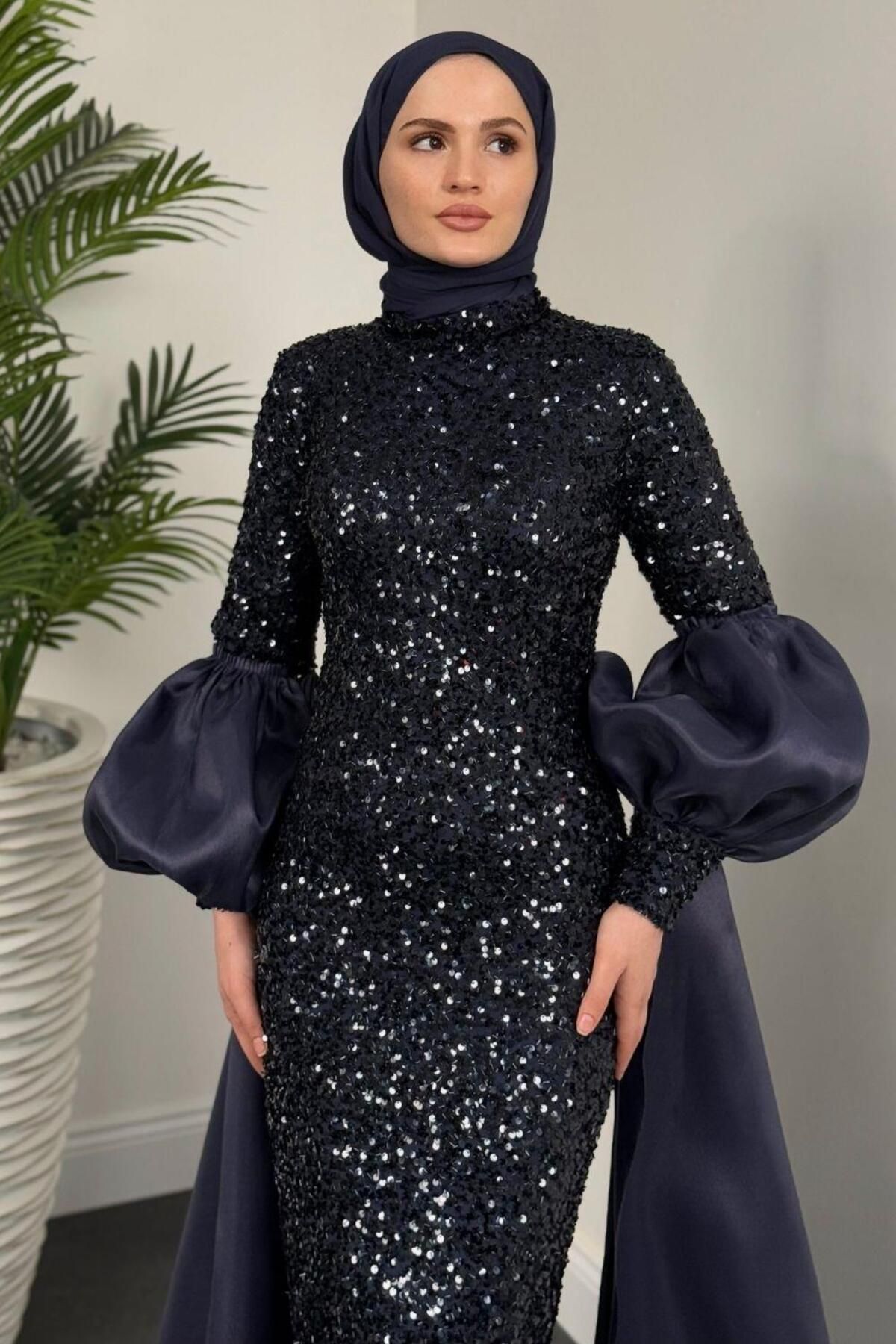 MERVEN AKYÜZ-Jamie Sleeves Mobile Cape Balloon Sleeve Evening Dress Navy Blue 5