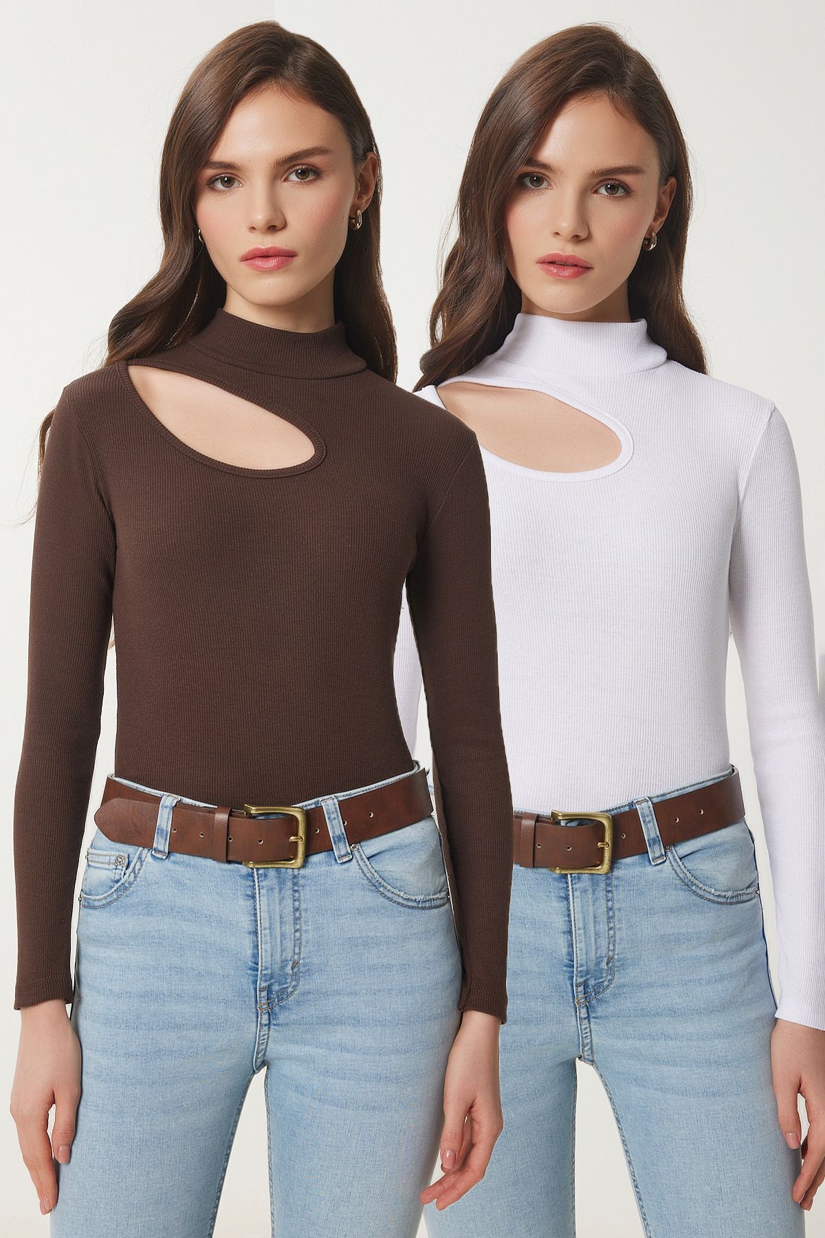 Lovelyİstanbul-2-Pack Cut Out Detailed Ribbed Knitted Blouse Brown White Lgt0034 1