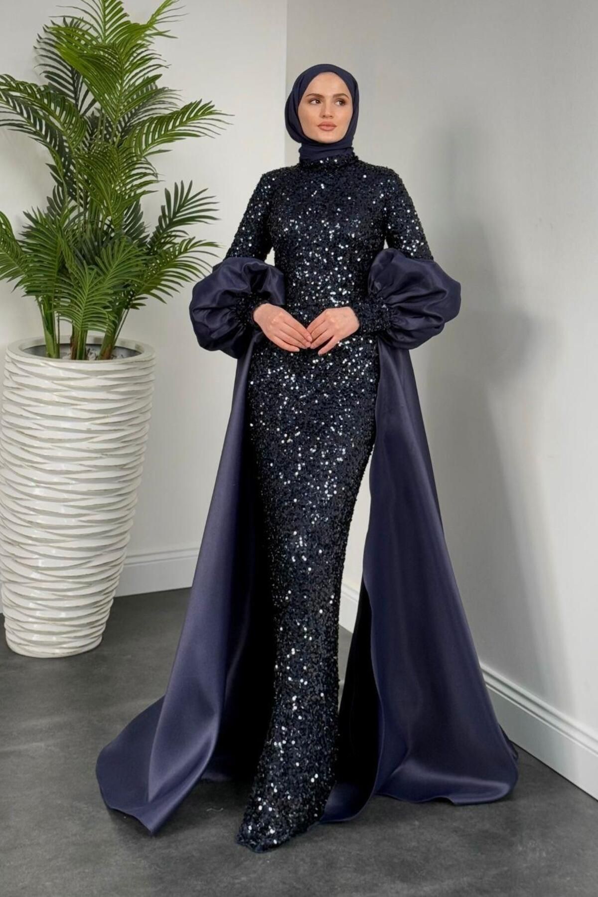 MERVEN AKYÜZ-Jamie Sleeves Mobile Cape Balloon Sleeve Evening Dress Navy Blue 1