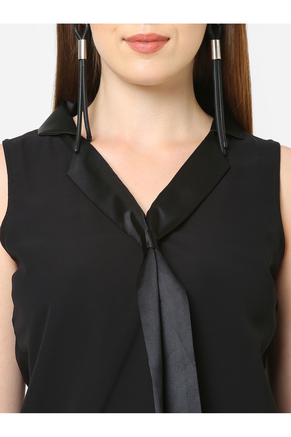 Mish By Styli-Solid Sleeveless Top with Satin Tie Up Detail 2