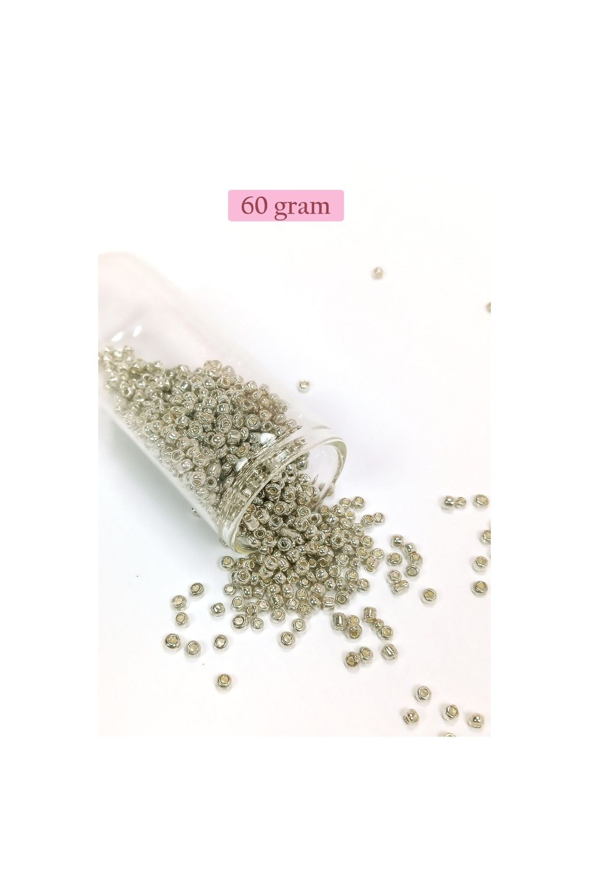 maarketim Dökme Cam Kum Boncuk (8/0) 3 mm - 60 Gram - Parlak Gümüş