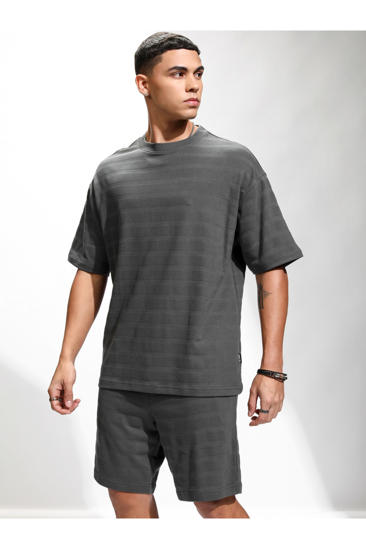 Highlander By Styli-Self Design Round Neck T-Shirt and Shorts 4