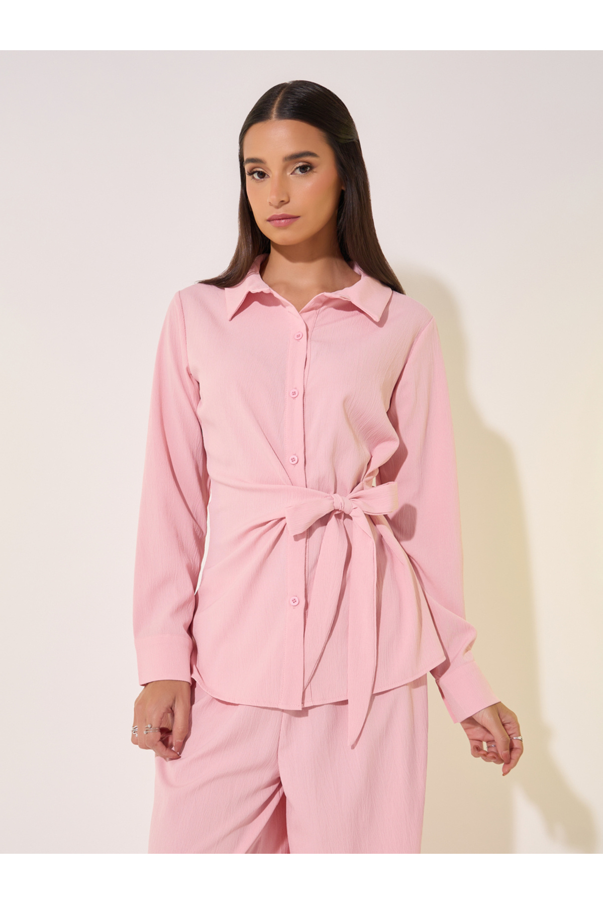 Take Two By Styli-Solid Wrap Buttoned Top with Tie-Up and Pants Co-Ords 2
