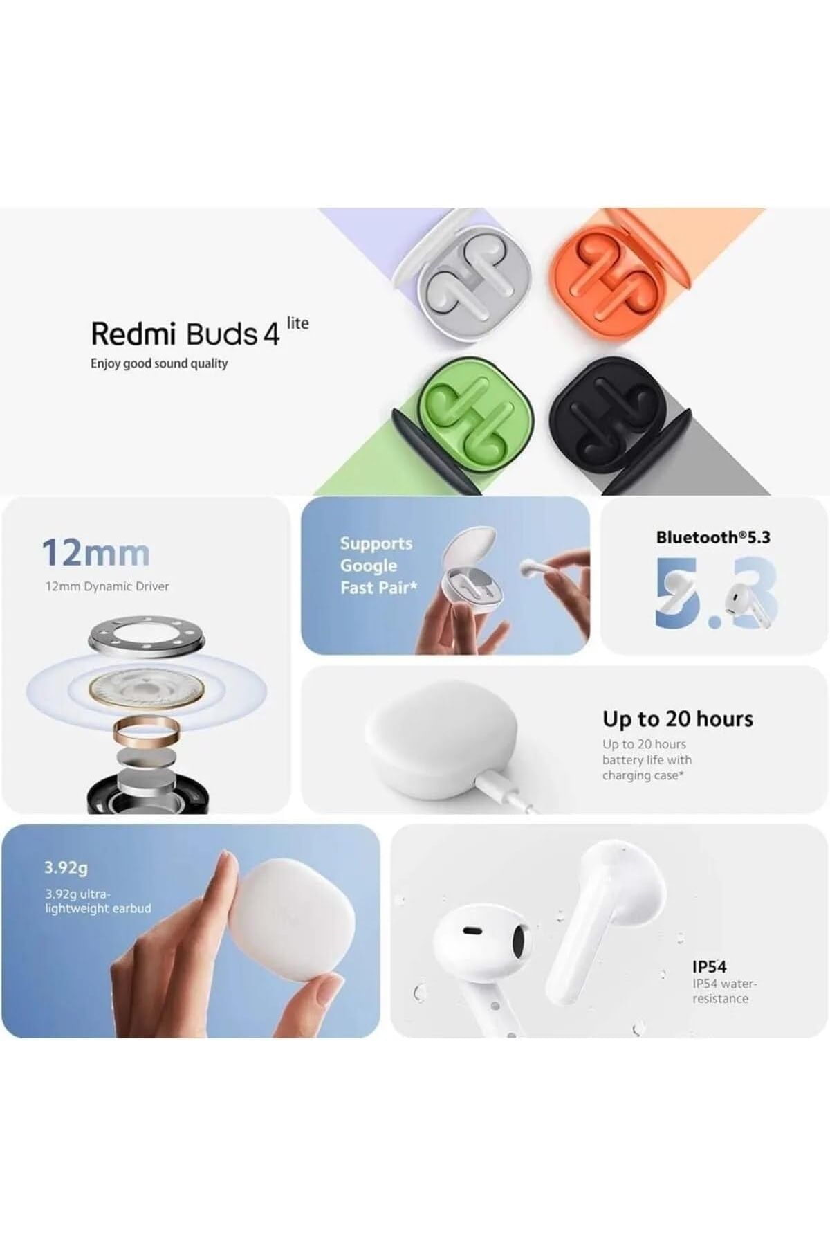 Xiaomi-Redmi Buds 4 Lite, 12mm Driver, HD Sound, IPX4, Bluetooth 5.2, 18.5H Battery, Google Fast Pair 2