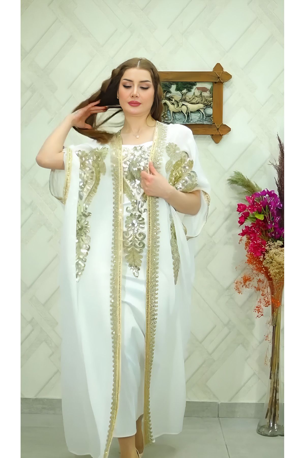 NHMODA-Satin Fabric Gold Color Pattern Embroidered Stylish Double Local Kaftan 2