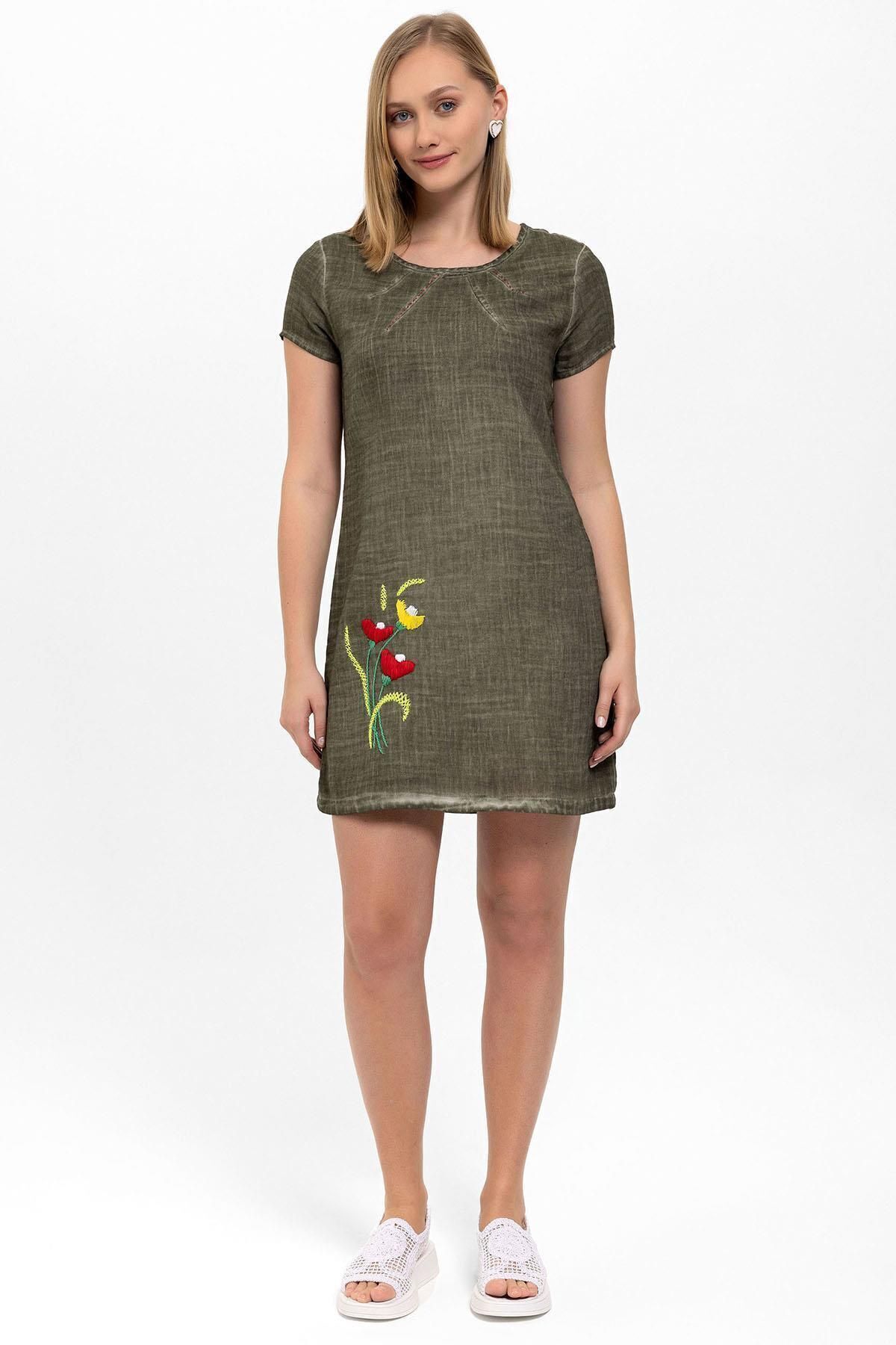 Deriderim-Green Floral Patterned Cotton Short Sleeve Summer Dress 3