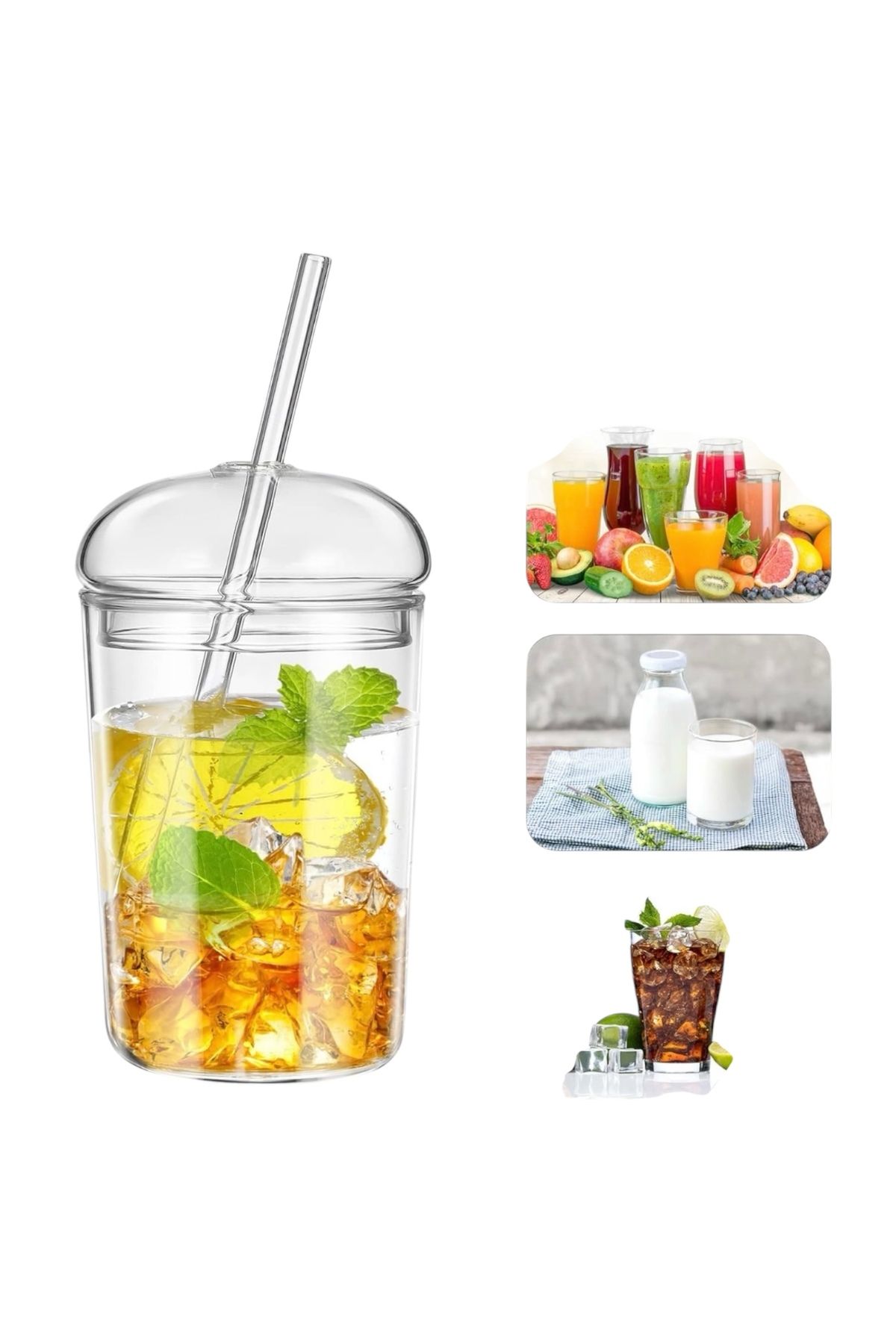 Yenigeldi-2 Pcs Y39 450ml Dome Dome with Lid Heat Resistant Glass Cup & 1 Pcs Straw Brush 3