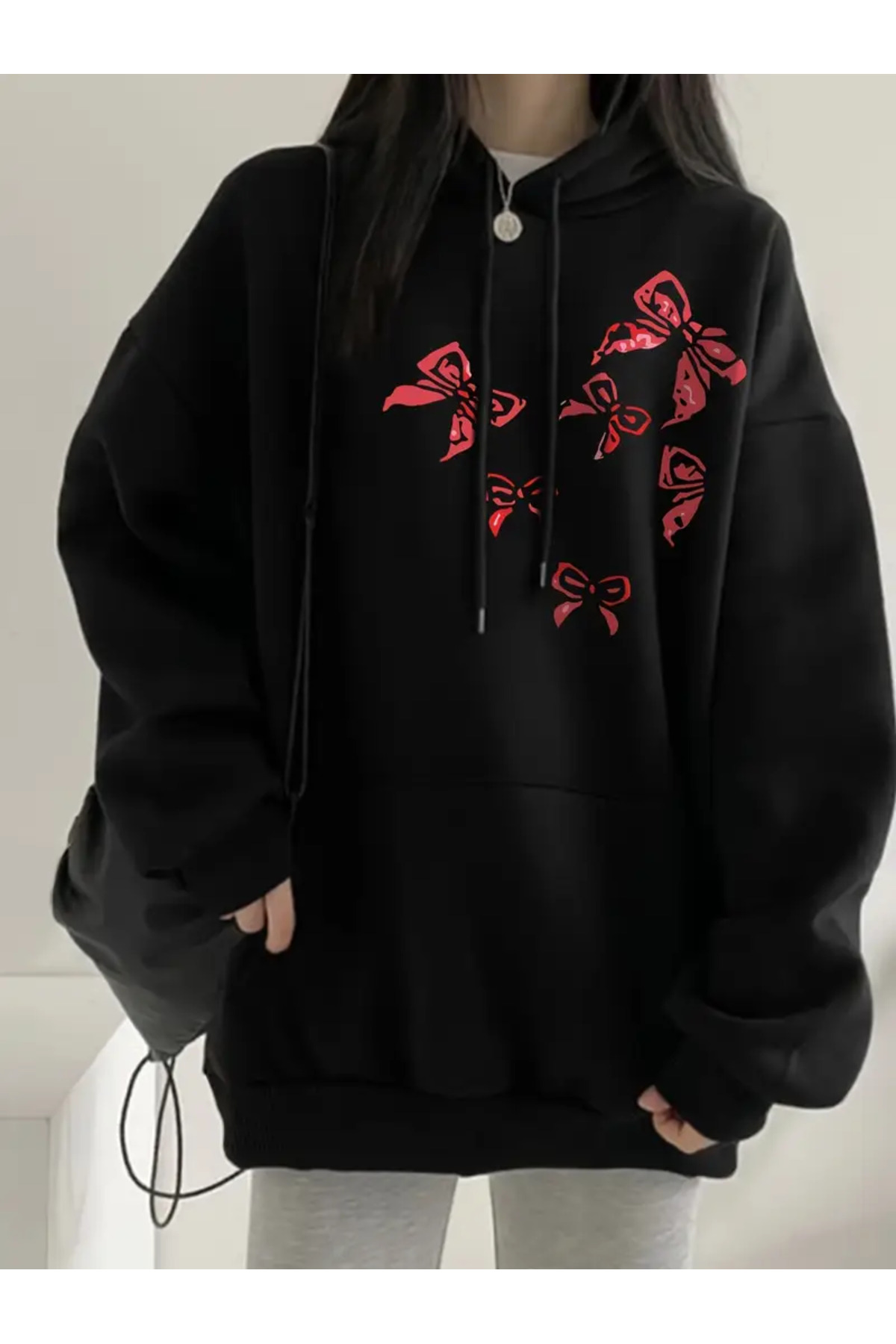 Pink Sky Kabanı ile Papyon Baskılı Unisex Oversize Sweatshirt