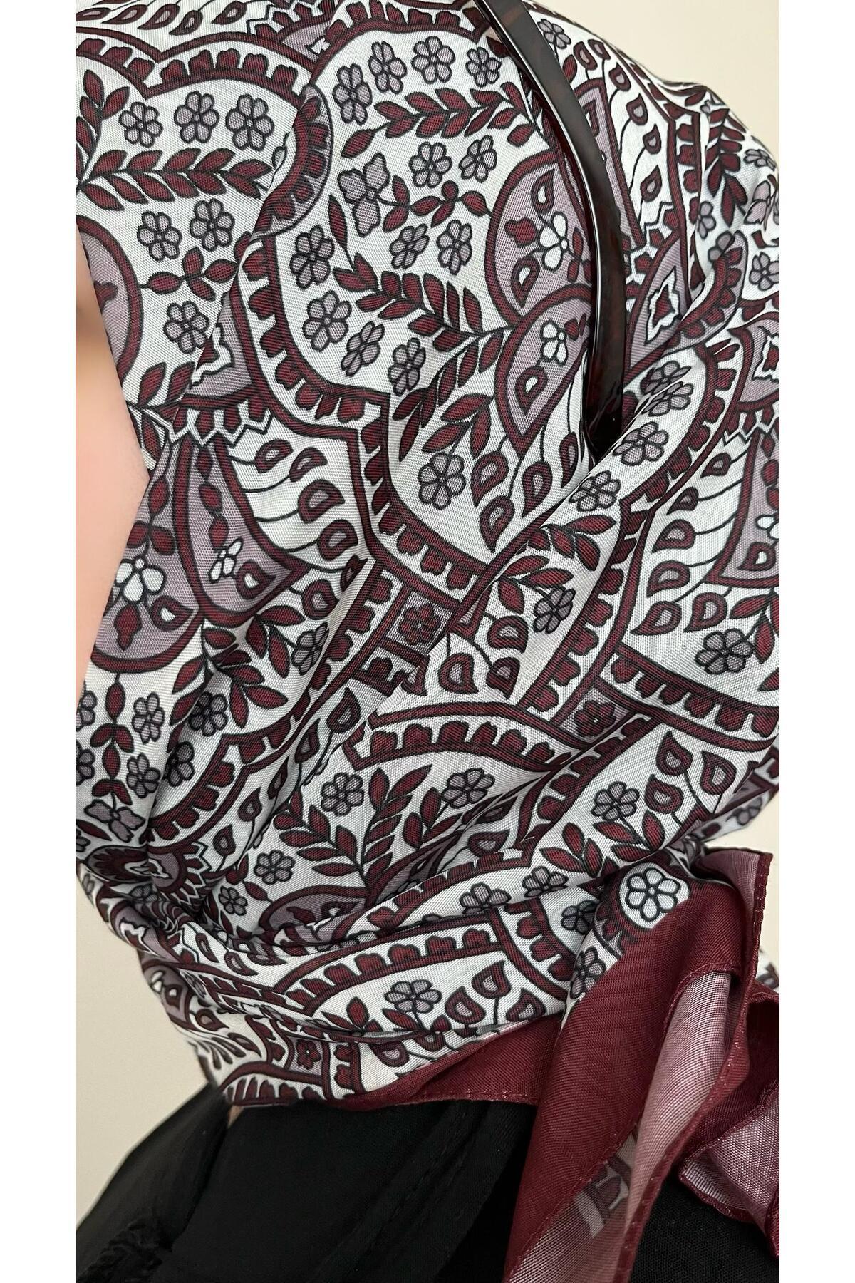 ESSLERA-Claret Red Ethnic Floral Patterned Soft Scarf 3