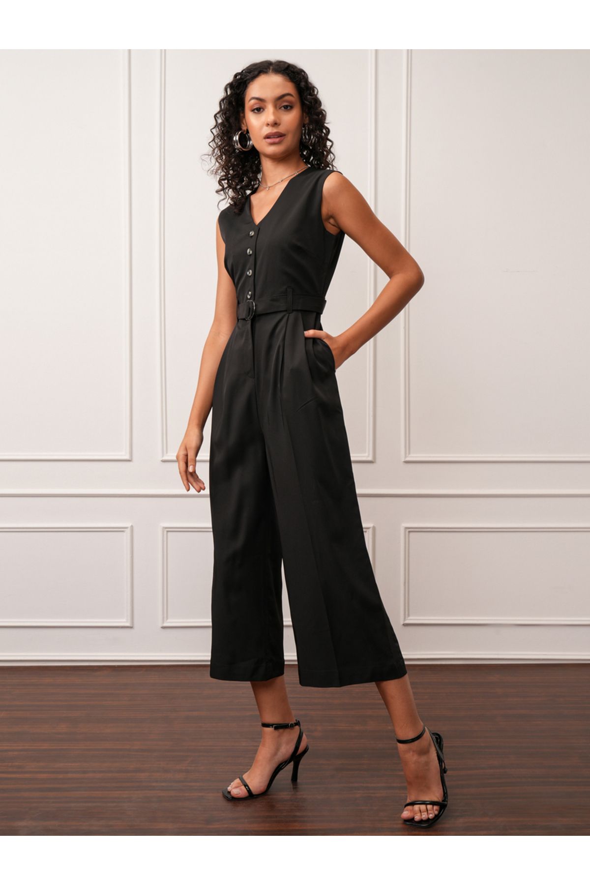 Tokyo Talkies By Styli-Solid V-Neck Buttoned Culotte Leg Jumpsuit with Belt 3