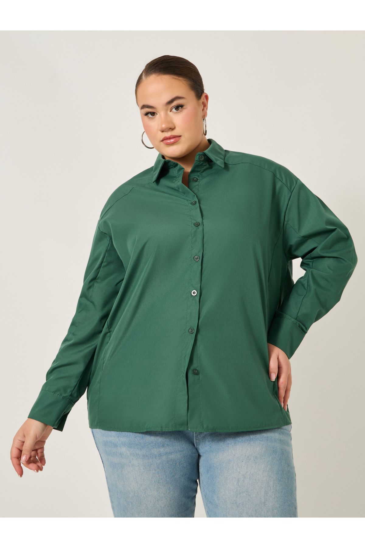 Styli-Plus Size Solid Oversized Collared Shirt 1