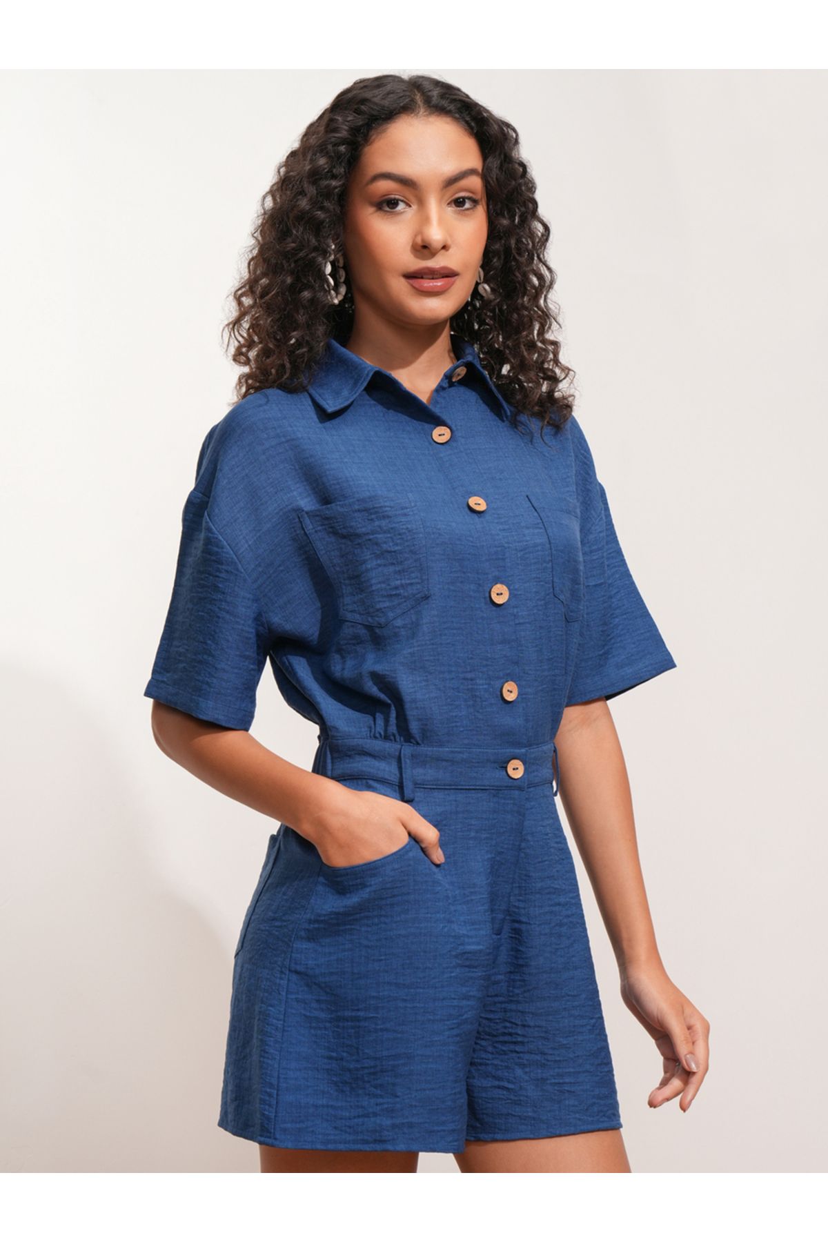 Tokyo Talkies By Styli-Textured Collared Jumpsuit with Button Detail 3