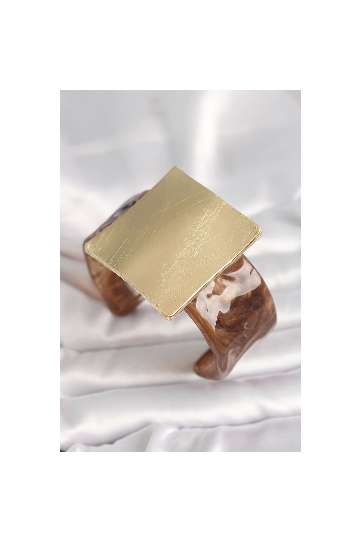 Narnuga Kahverengi Mermer Desen Akrilik Plastik Gold Kare Plaka Model Vintage Kadın Bilezik - TJ-BB6682