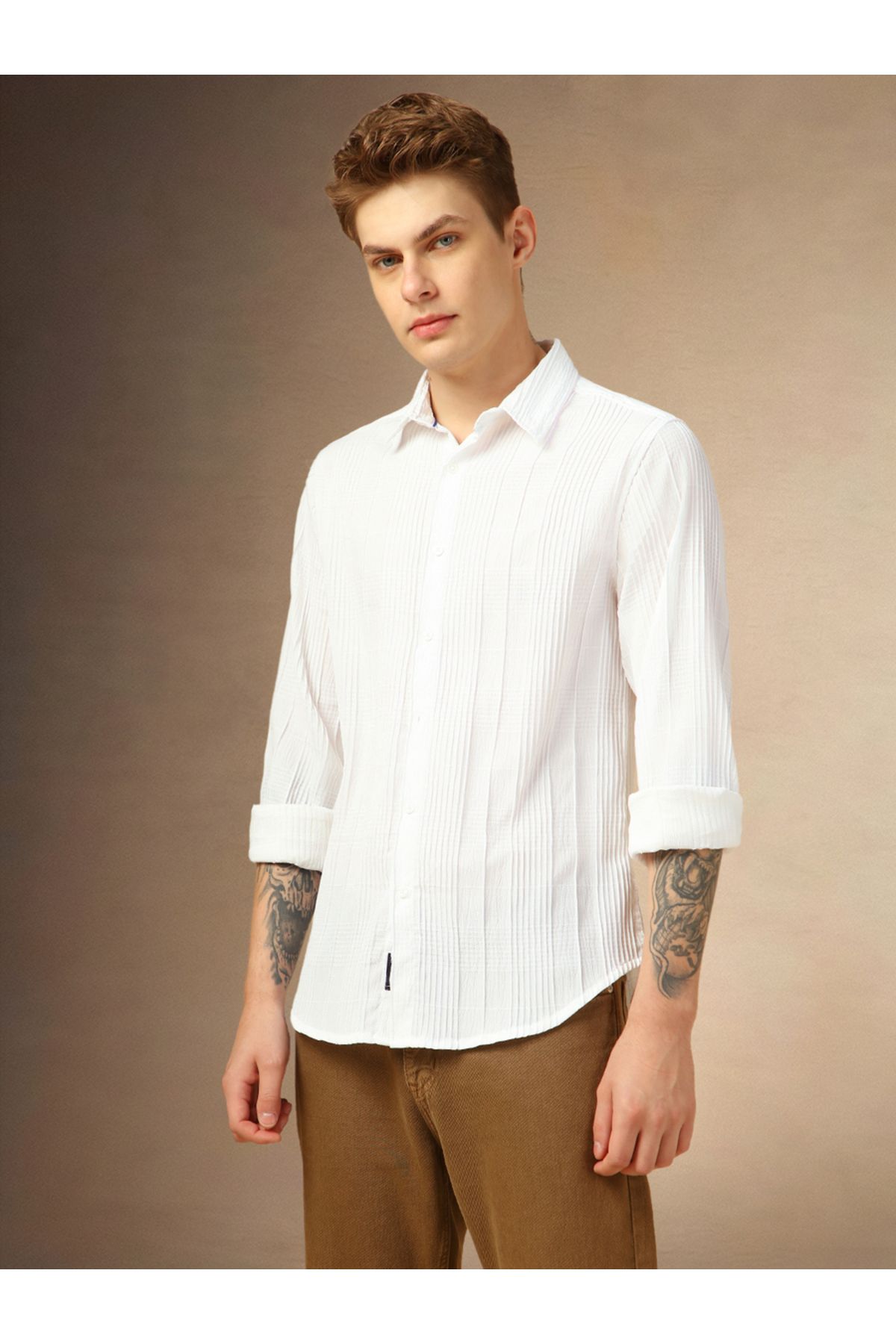 Dennis Lingo By Styli-Relaxed Fit Spread Collar Textured Shirt with Pintuck Detail 2