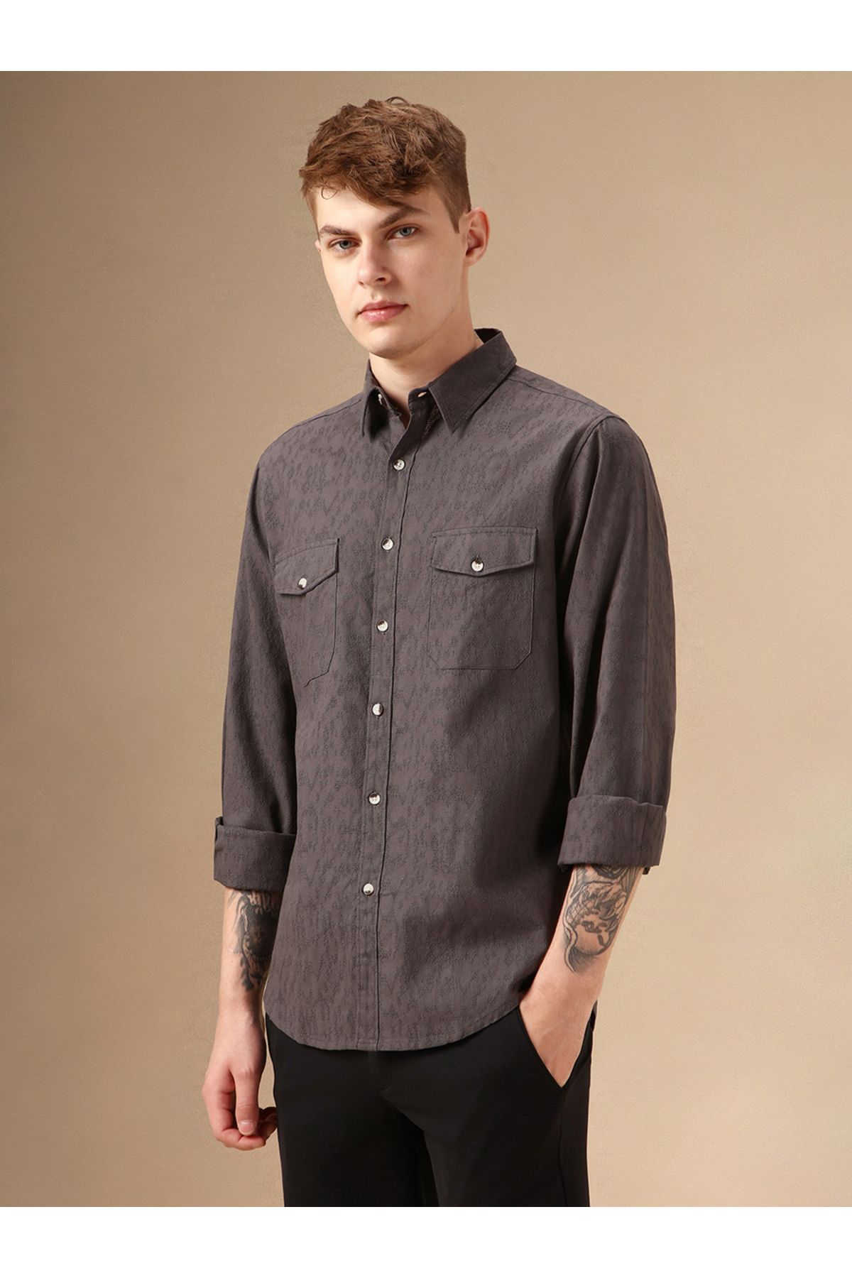 Dennis Lingo By Styli-Solid Relaxed Fit Spread Collar Shirt with Pockets 2