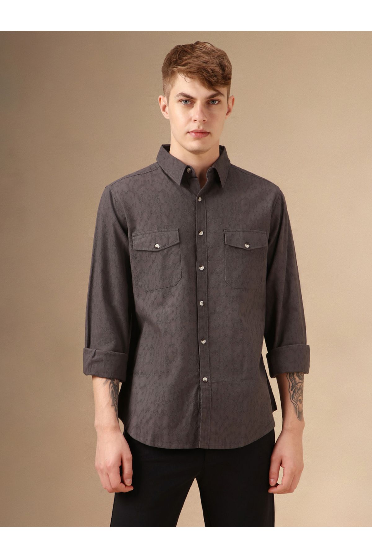 Dennis Lingo By Styli-Solid Relaxed Fit Spread Collar Shirt with Pockets 6