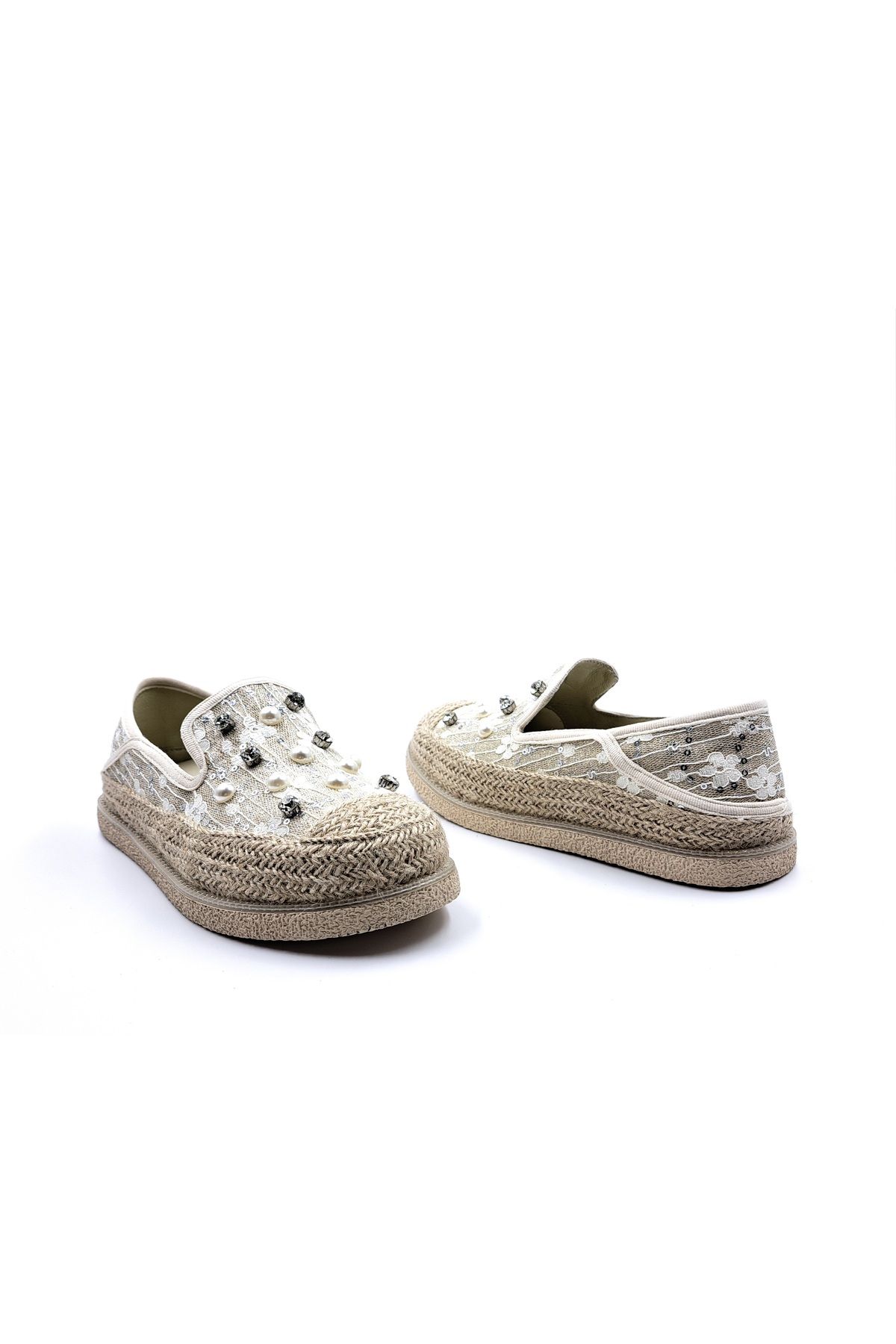 Guja-Women's Beige Espadrille Shoes with Pearl and Lace Detail 6
