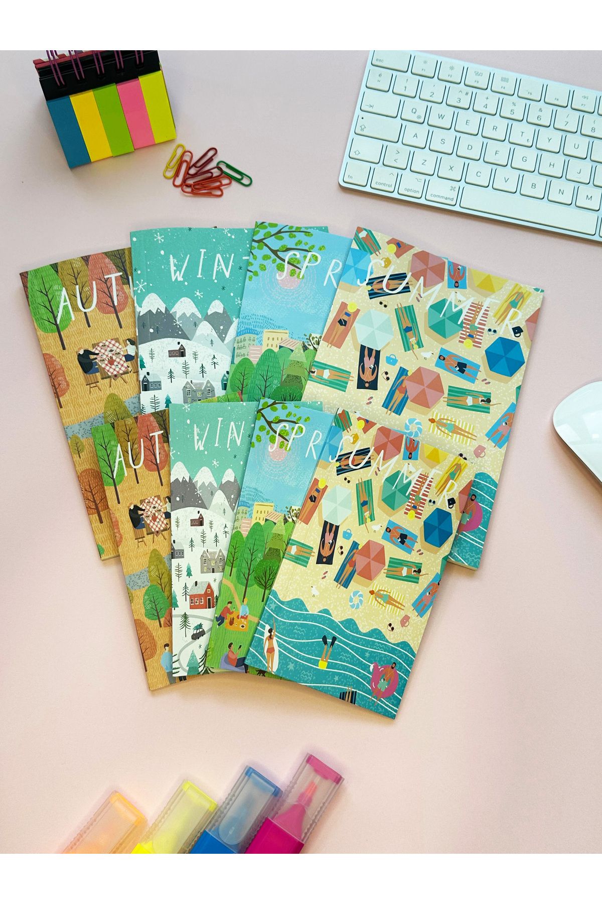 Fly Notes-8-Piece Unlined School Notebook Set - 64 Pages, 13X20 cm and 10X15 cm Notepad, Seasons Series 2