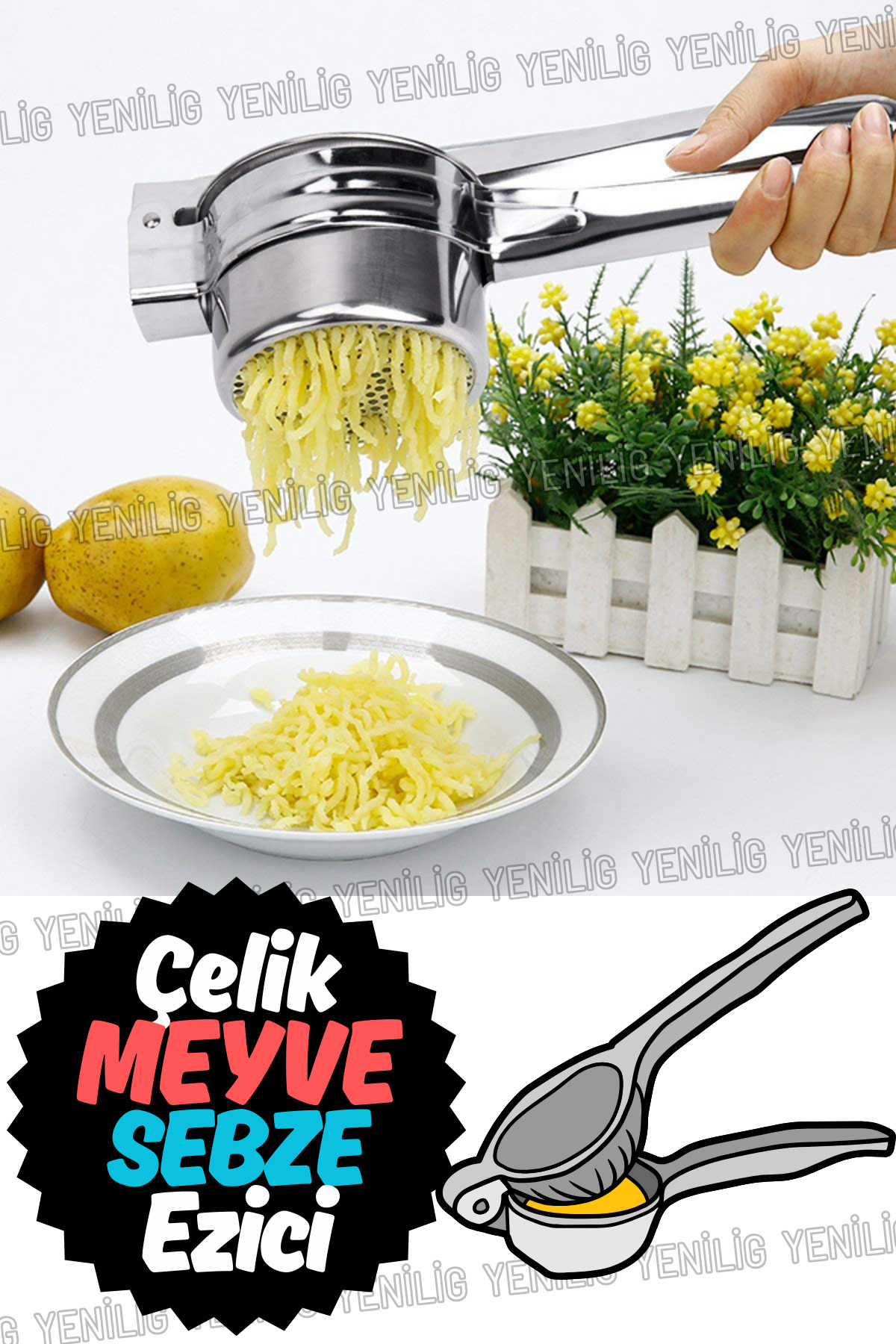 Yenilig Delikli Sepetli Paslanmaz Çelik Ezici – Patates Püresi Ve Sebze Ezme İşlemlerinde Mükemmel