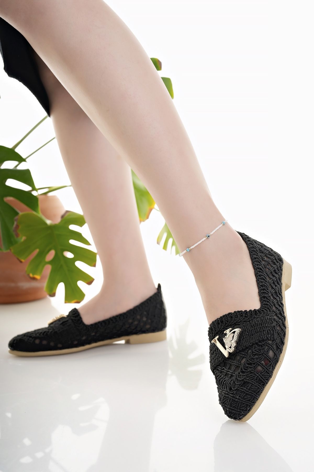 Modafırsat-Women's Ballerinas Black Straw Knitted Lace Mesh Knitwear Stylish Home Business Office Daily Shoes 4