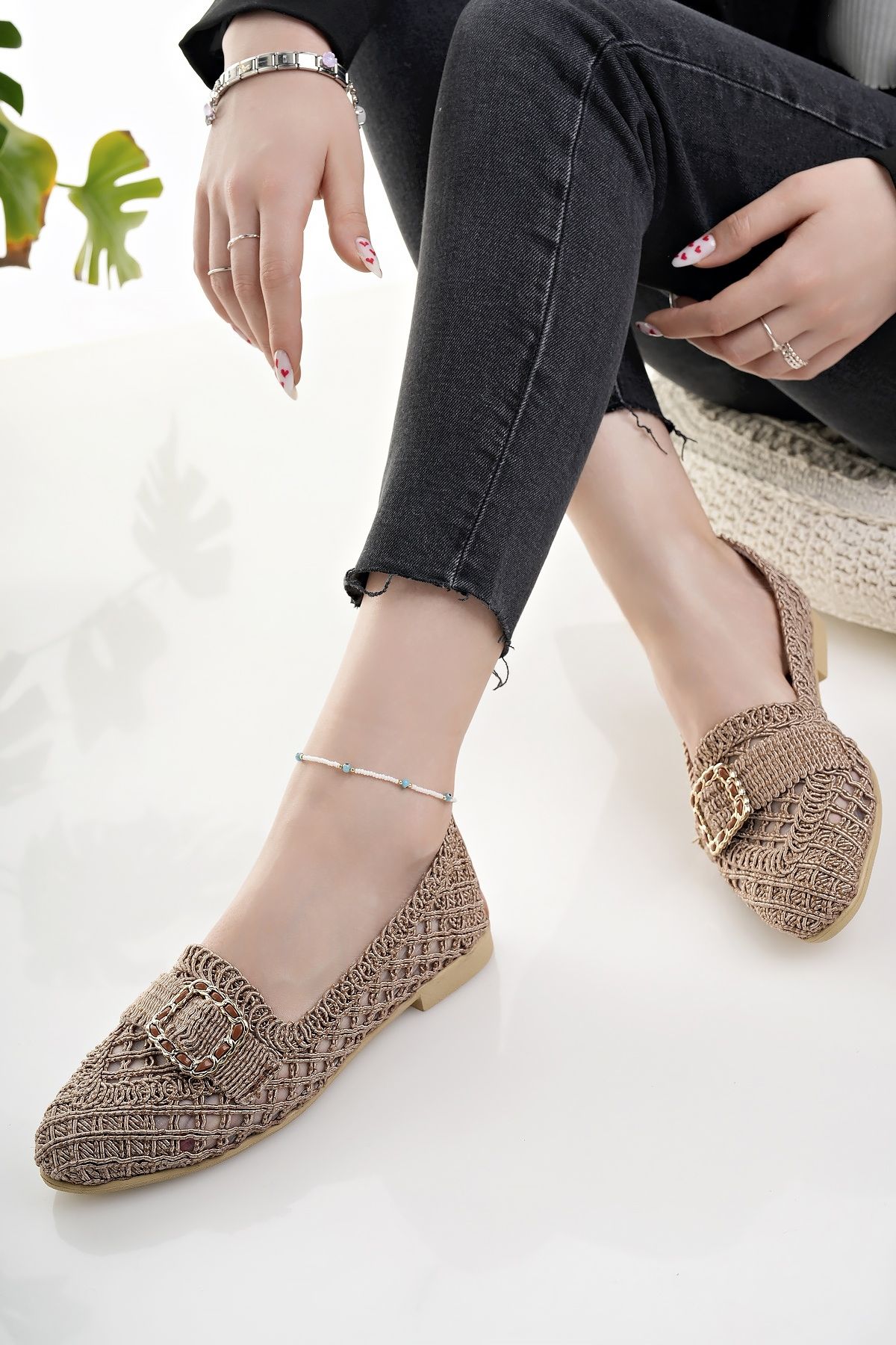 Modafırsat-Women's Ballerina Ballerina Tan Straw Knitted Lace Knitwear Stylish Home Business Office Daily Shoes 4