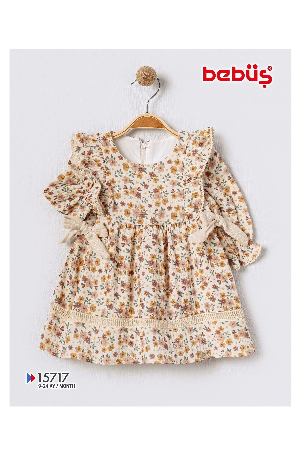 Bebüş-Cotton Fabric Lined Side Lace Detail Flared Cutout Floral Print Baby Girl Dress 15717 3