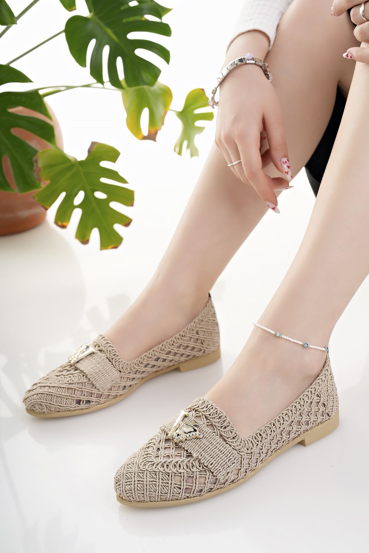 Modafırsat-Women's Ballerina Beige Straw Knitted Lace Knitwear Stylish Home Business Office Daily Shoes 3