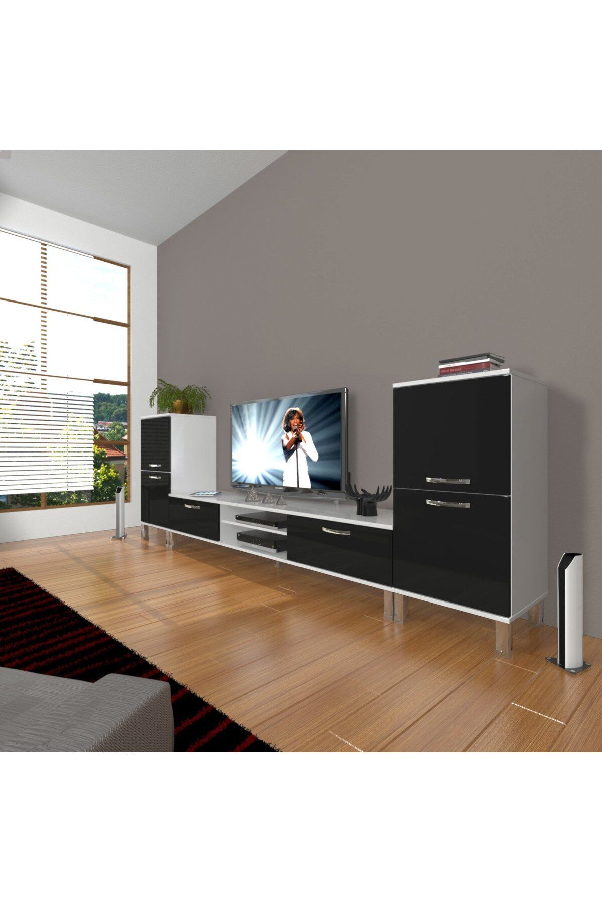 Decoraktiv Eko On2 Mdf Dvd Krom Ayaklı Tv Ünitesi Tv Sehpası - Beyaz - Siyah