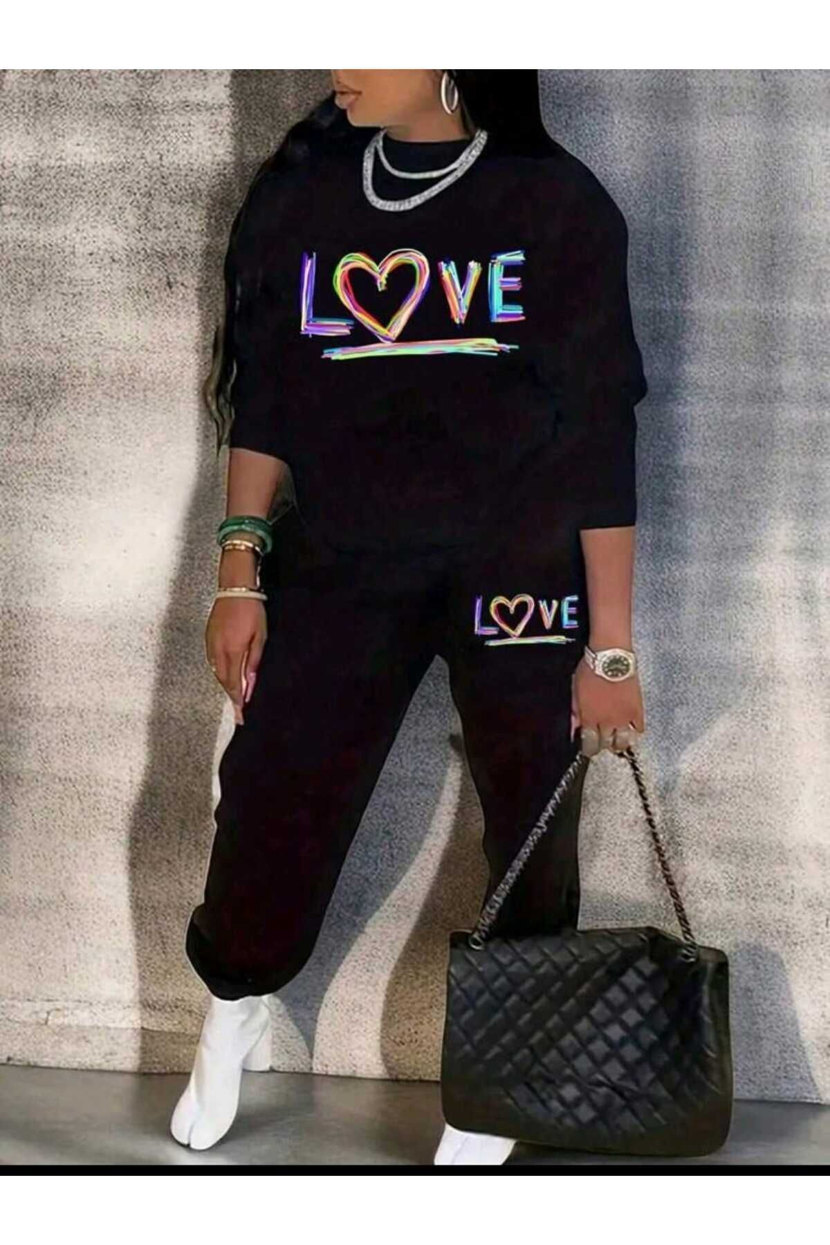 Frisson-Love Printed Crew Neck Bottom Top Set Oversize Tracksuit Set 1