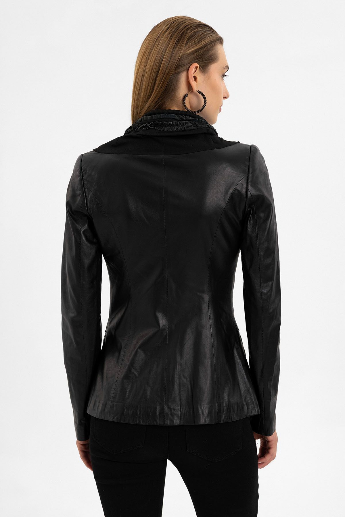 Deriderim-Camela Women's Genuine Leather Jacket with Black Lining and Drawstring Collar 6