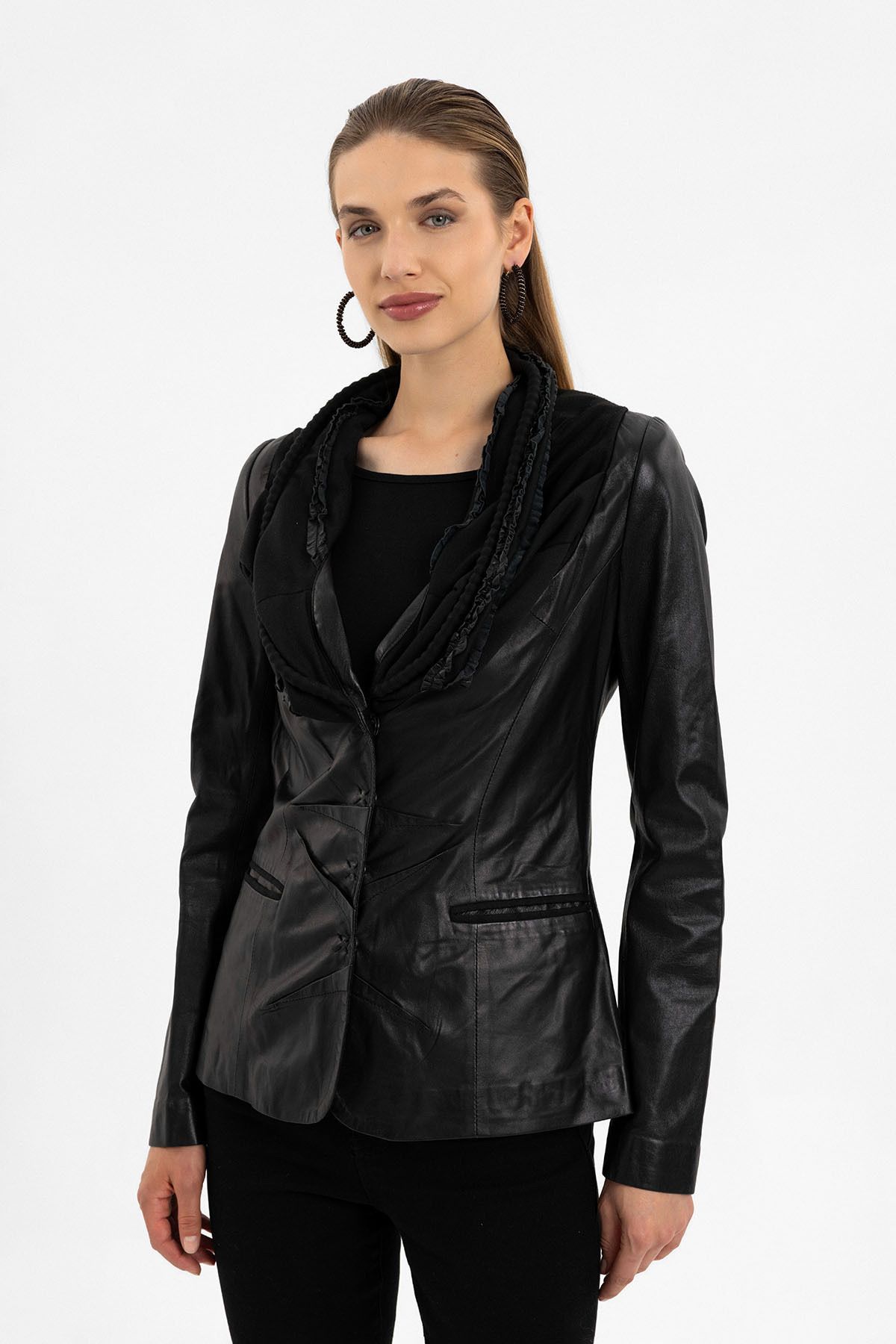 Deriderim-Camela Women's Genuine Leather Jacket with Black Lining and Drawstring Collar 3