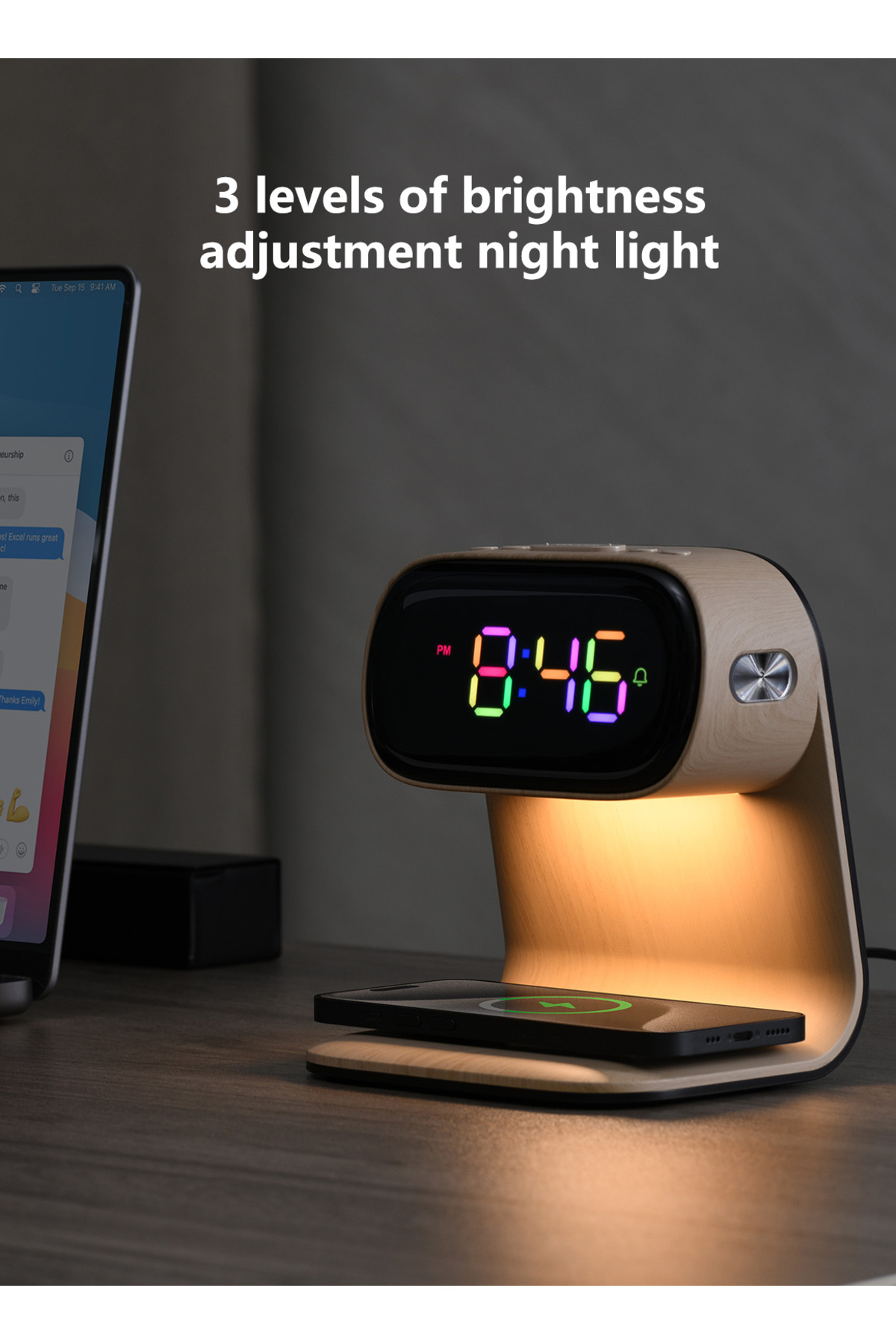 sharpdo-LED Multi-Function 3-In-1 Night Light Alarm Clock with Wireless Charging 5
