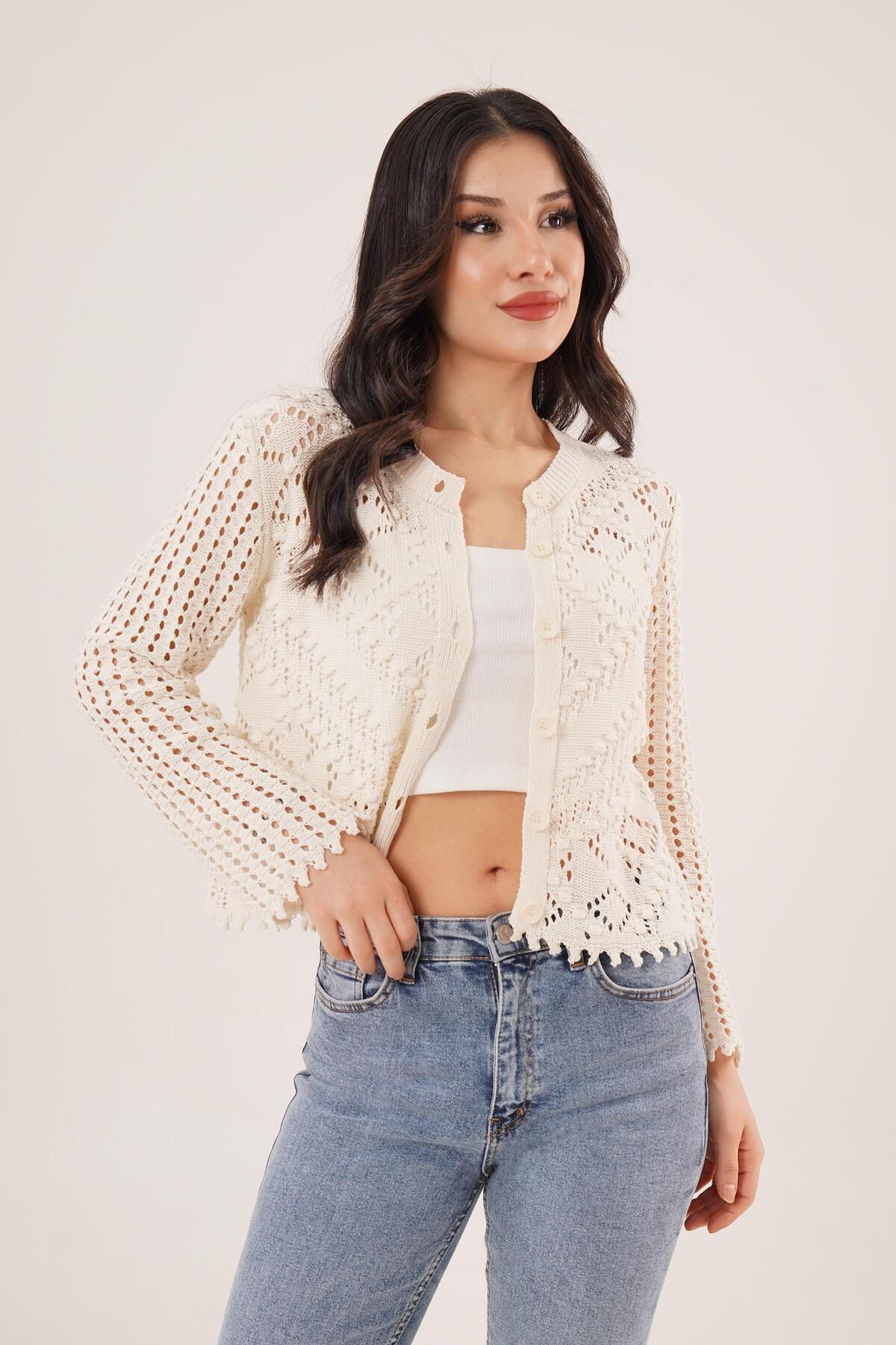 Hipo Trend-Openwork Buttoned Cream Cardigan 1