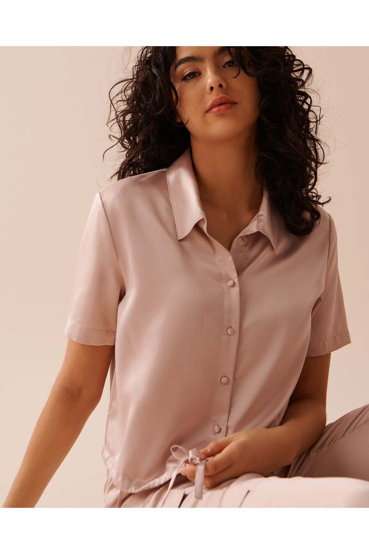 La Vie en Rose-Satin Button-Down Short Sleeve Shirt 3