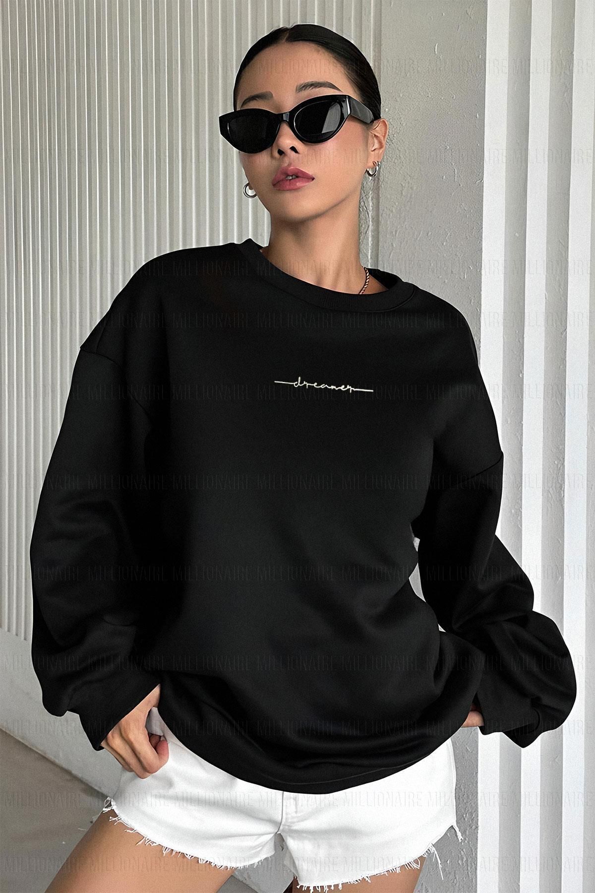 Genel Markalar Kadın Siyah Dreamer Baskılı 0 Sıfır Yaka Oversize Salaş Bol Kesim Polar Sweatshirt görsel 2