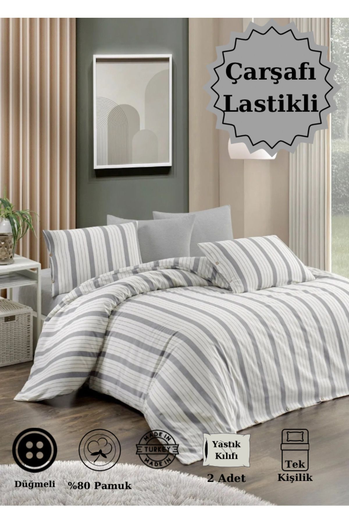 CANDAN ÇEYİZ-Single Sheet Elastic Cotton Natural Fabric Gray Duvet Cover Set with 2 Pillows (with a Gift) 2