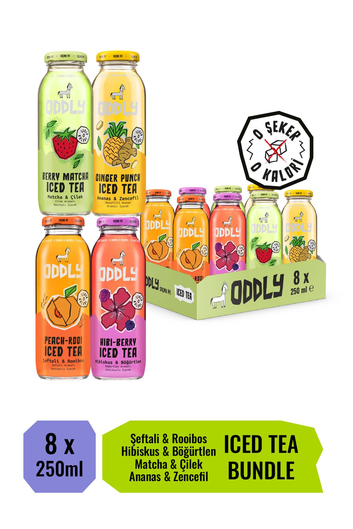 ODDLY Saçma İyi Soğuk Çay Dörtlüsü! Peach-Rooi, Hibi-berry, Ginger-Punch, Berry- Matcha Cam 250 ml 8 Adet