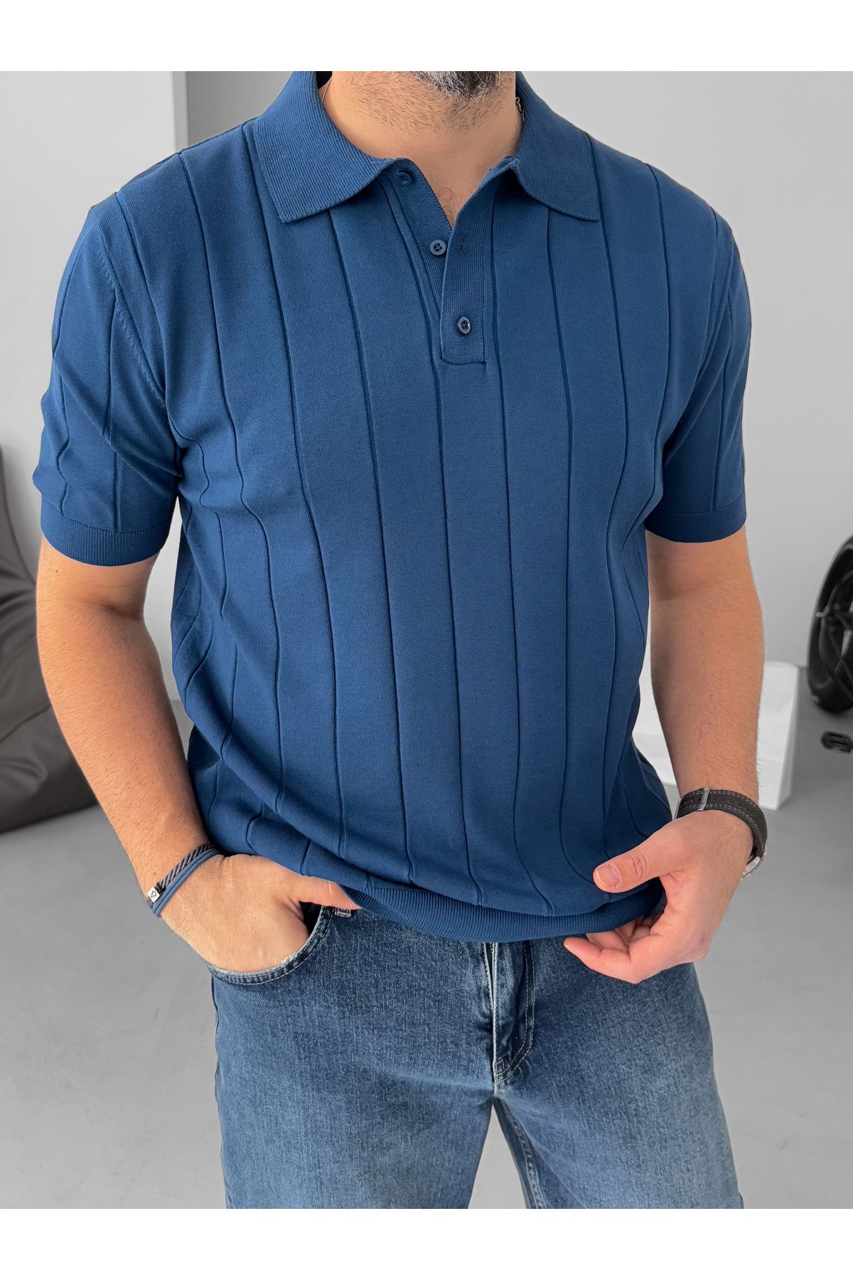 BYBASICMAN-Petrol Blue Vertical Stripes Polo Neck Knitwear T-Shirt Yp-5007 2