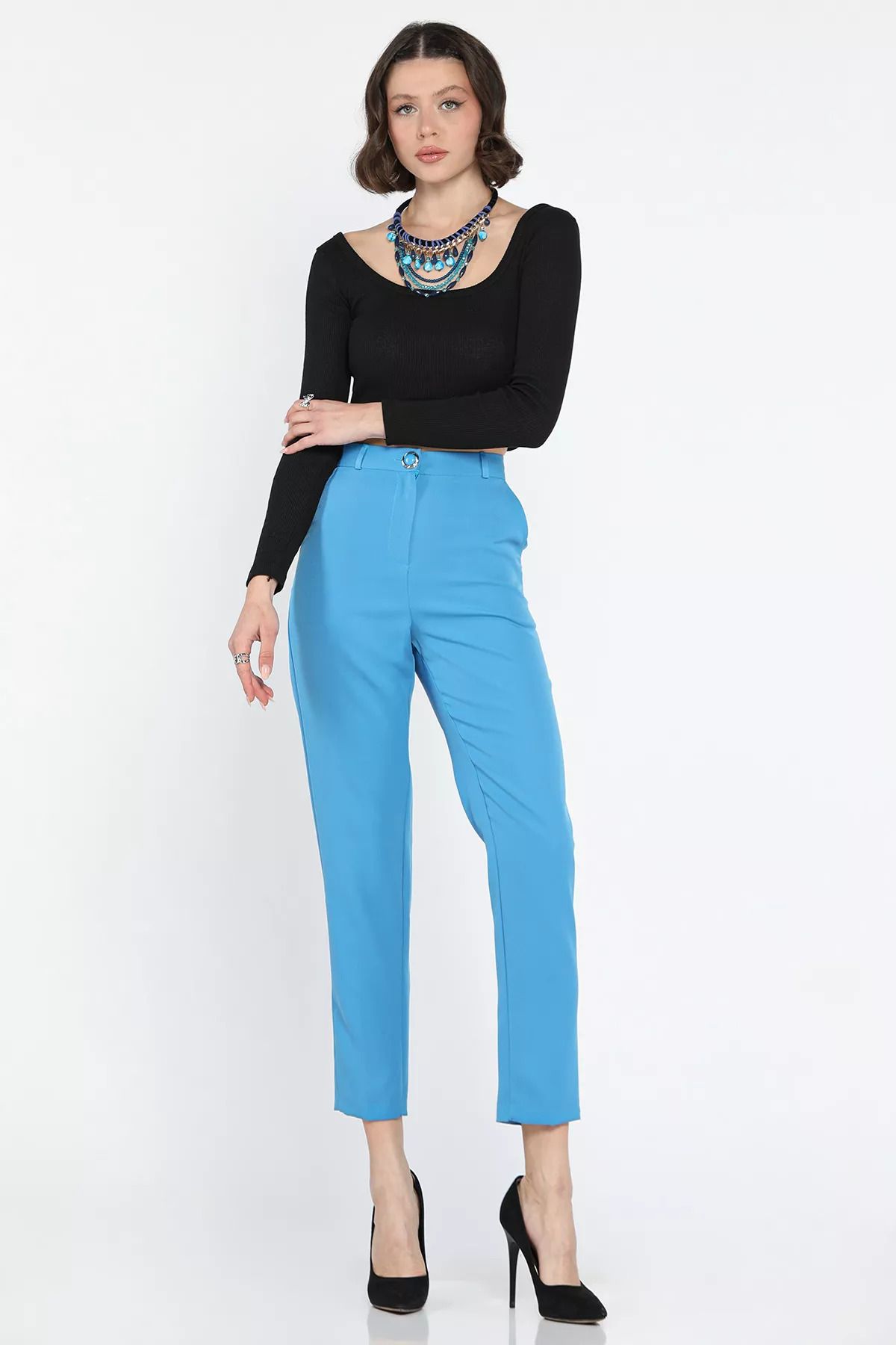 GÜLSELİ-Blue Women's Fabric Trousers 1