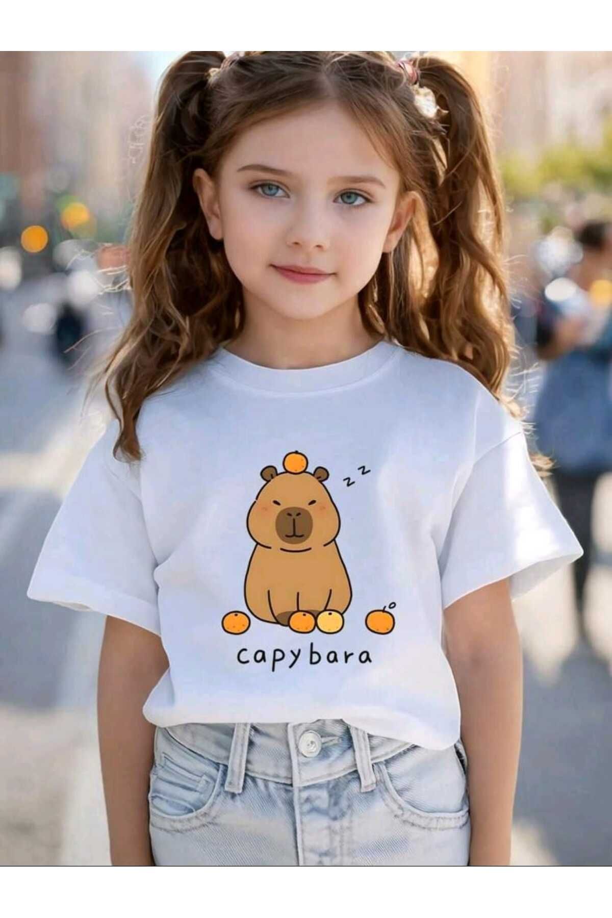 FAVORİST-Children's Capy Bara Printed Crew Neck Cotton T-Shirt 1